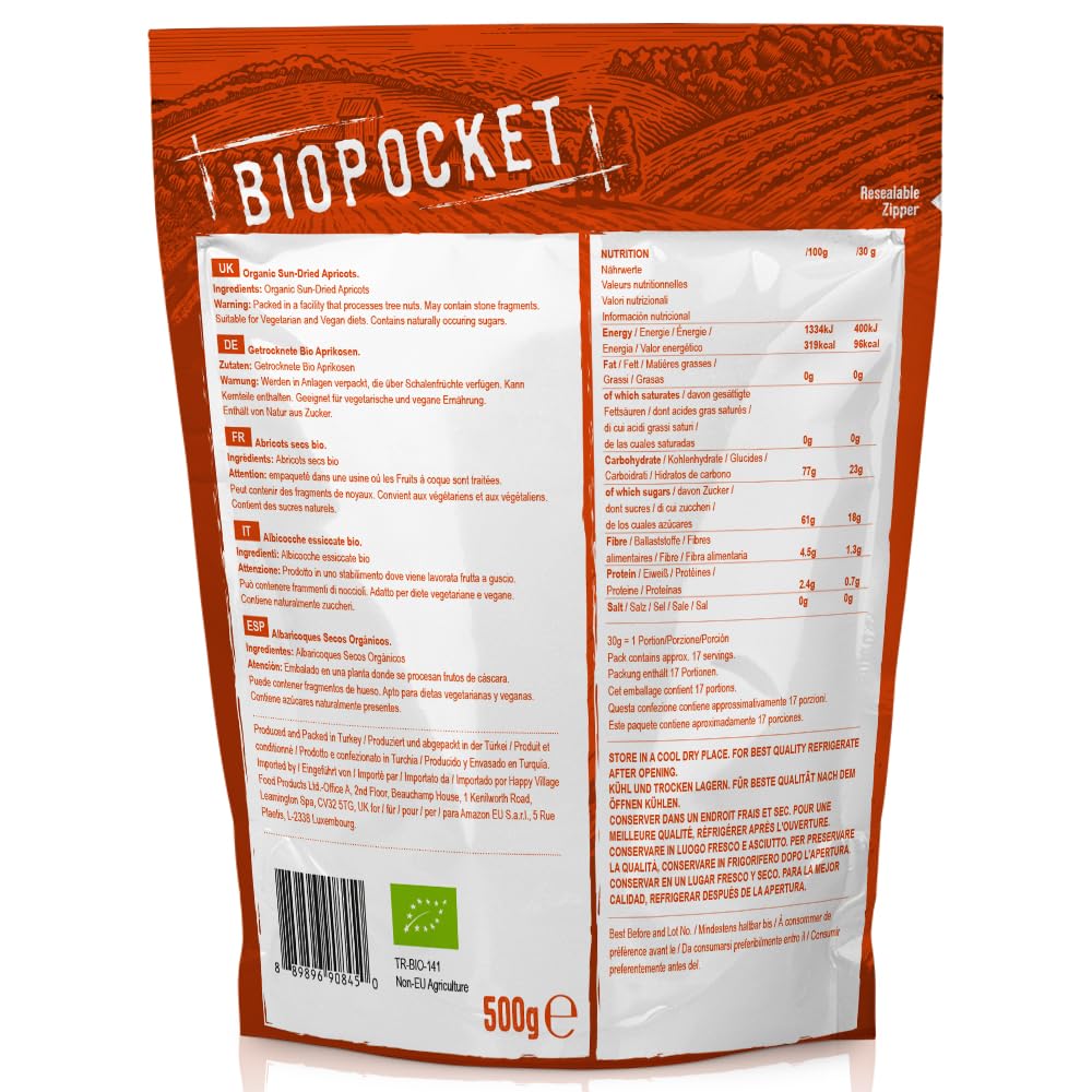 Biopocket Organic Dried Apricots, 2 x 500 g