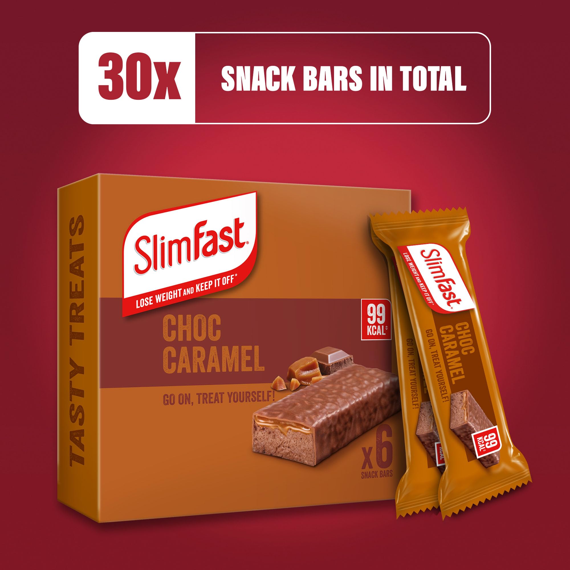 SlimFast Snack Bar, Low Calorie Snack, Choc Caramel Flavour, 30 X 26 G Multipack (Packing May Vary)