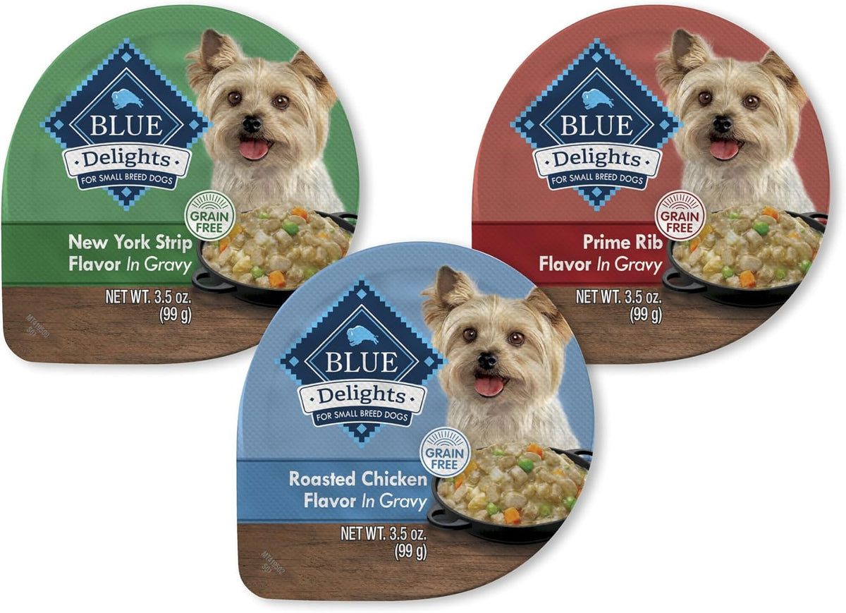 Blue Buffalo Delights Natural Adult Small Breed Wet Dog Food, Variety Pack, Made with Natural Ingredients, Filet Mignon & New York Strip Recipe in Hearty Gravy, 3.5-oz. Cups (12 Count, 6 of Each)