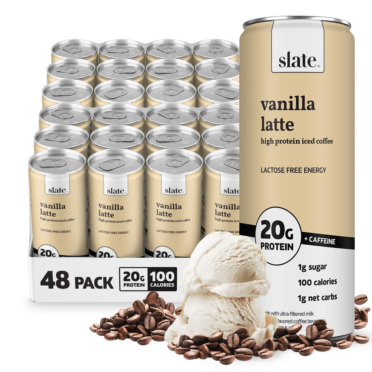 Slate Milk - High Protein Milk Shake - French Vanilla - Lactose Free, 20g Protein, 1g Sugar, 100 Calories, 1g Net Carbs, No Added Sugar - Natural, Breakfast Boost, Post Workout - 11 fl oz, 12 Cans