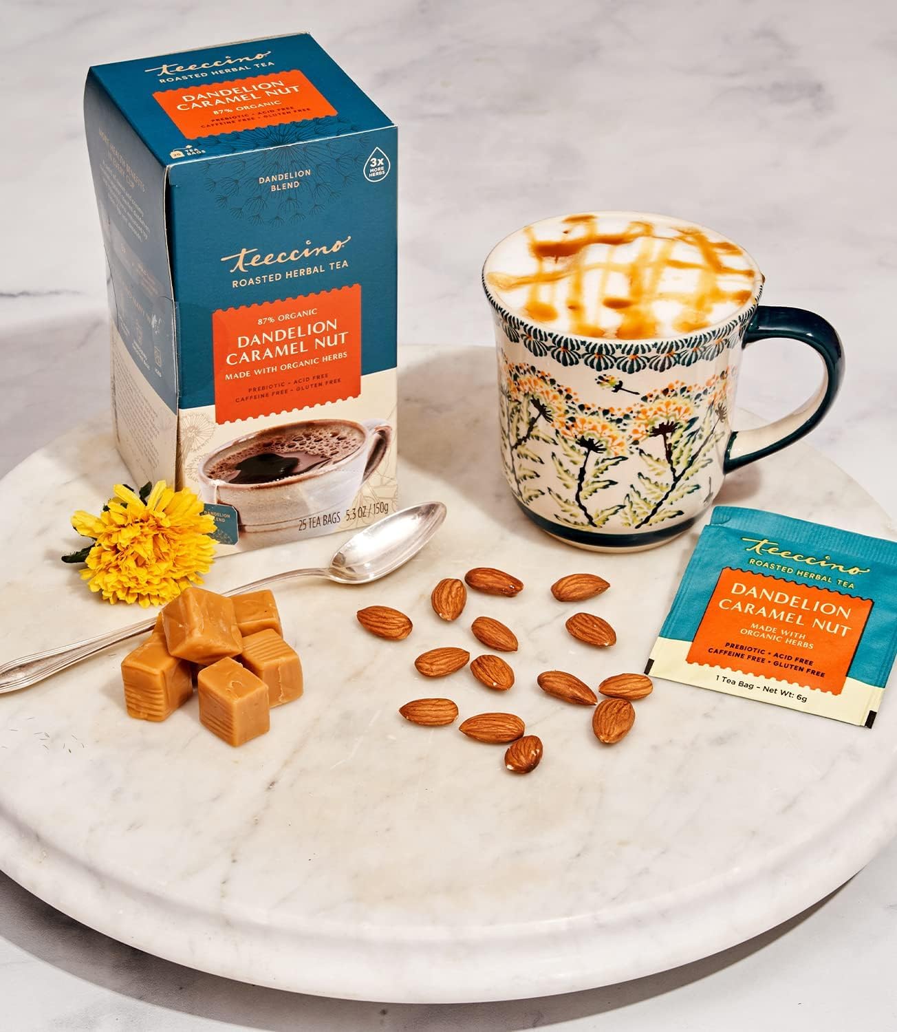 Teeccino Dandelion Caramel Nut Herbal Tea - Caffeine Free, Roasted with Prebiotics, 3x More Herbs than Regular Tea Bags, Gluten Free - 25 Bags