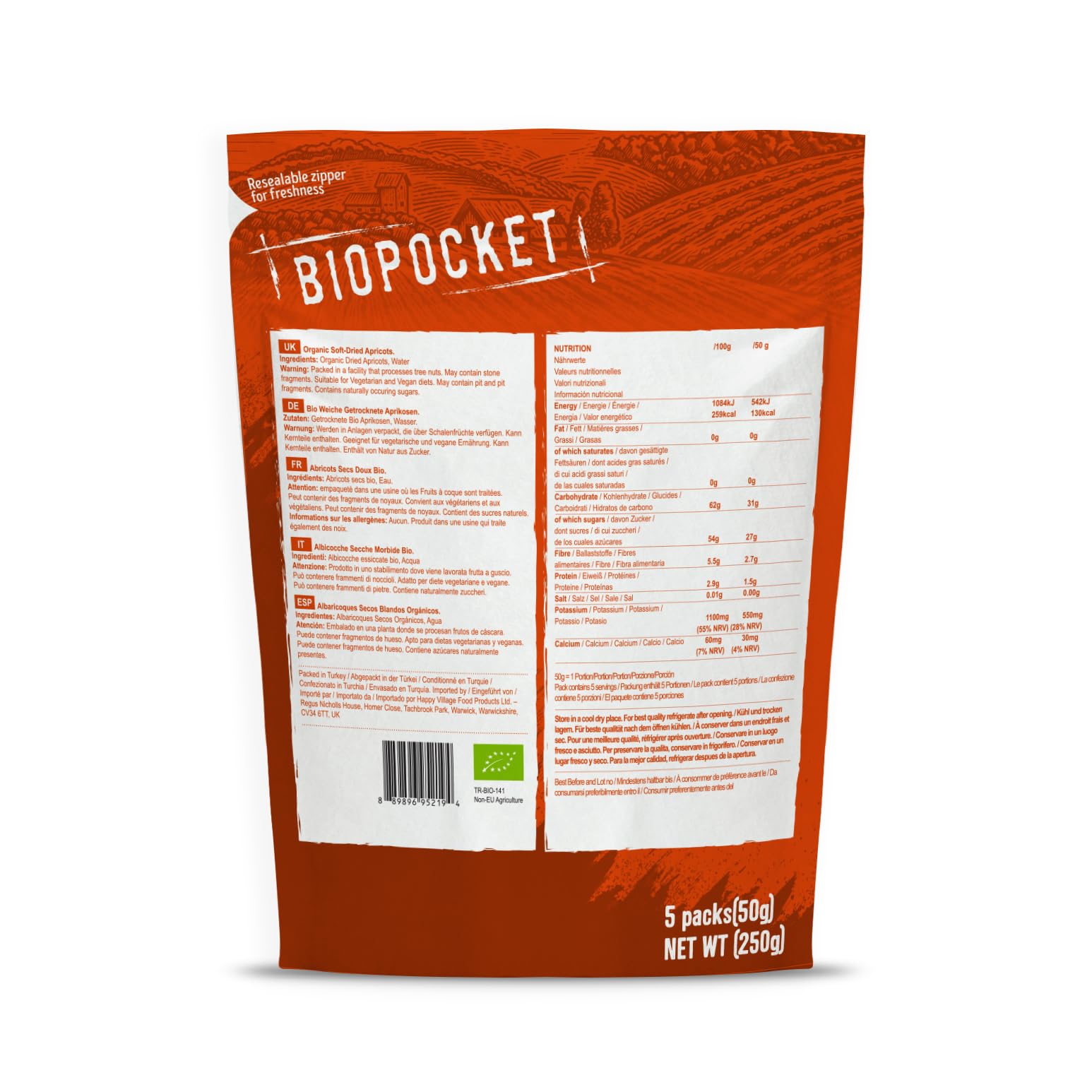 Biopocket Organic Dried Apricots, 2 x 500 g