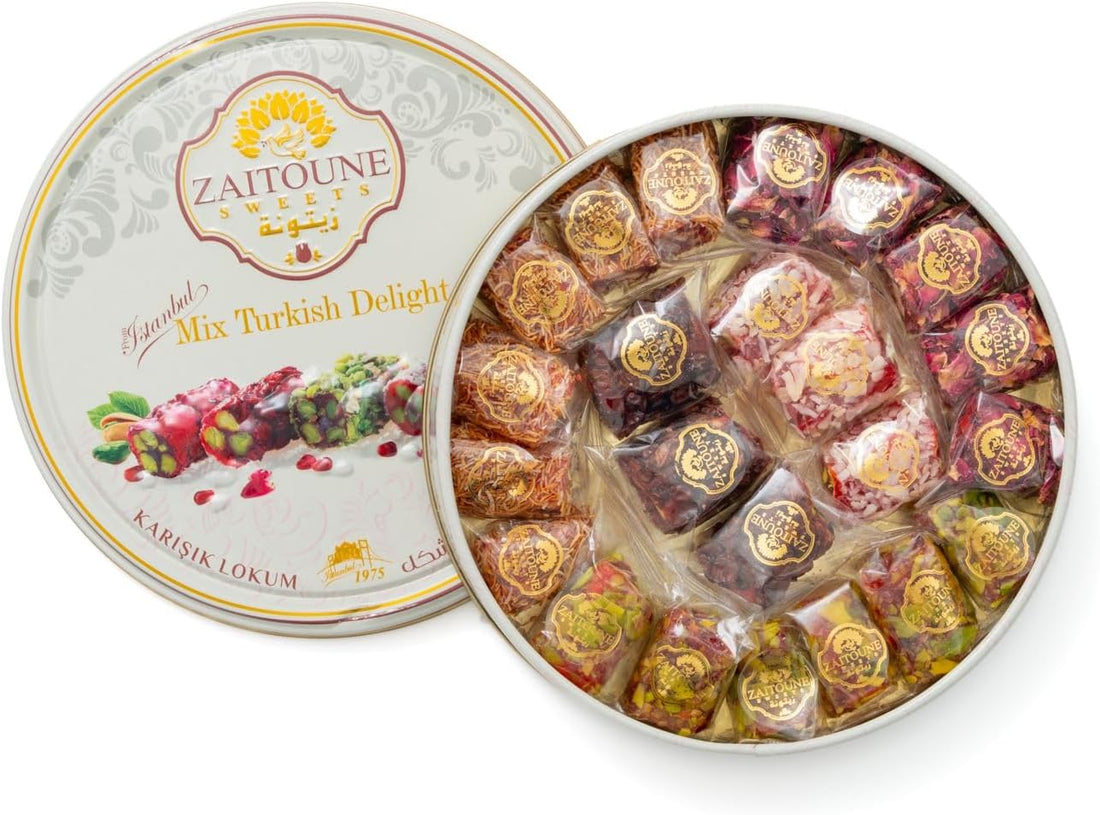 Zaitoune Turkish Delight Mix - 250 g | Luxury Assortment with Pomegranate, Pistachio & Rose Presented in a Beautiful Gift Tin | Authentic Lokum Sweets | Handmade in Turkey & Traditional Recipe