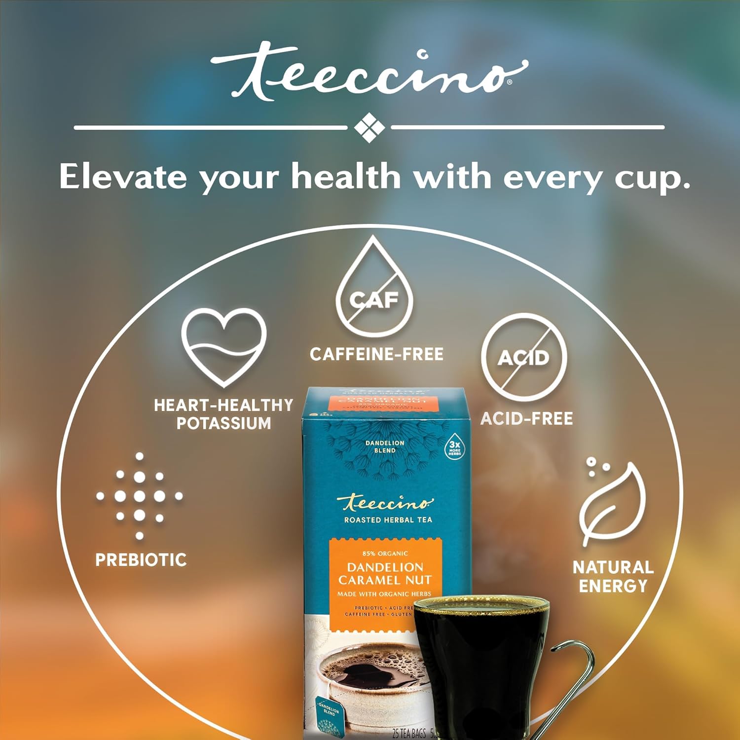 Teeccino Dandelion Caramel Nut Herbal Tea - Caffeine Free, Roasted with Prebiotics, 3x More Herbs than Regular Tea Bags, Gluten Free - 25 Bags