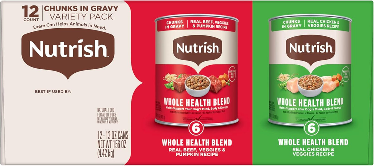Nutrish Whole Health Blend Chunks in Gravy Variety Pack Wet Dog Food, 13 oz. Can, 12 Count (Rachael Ray)