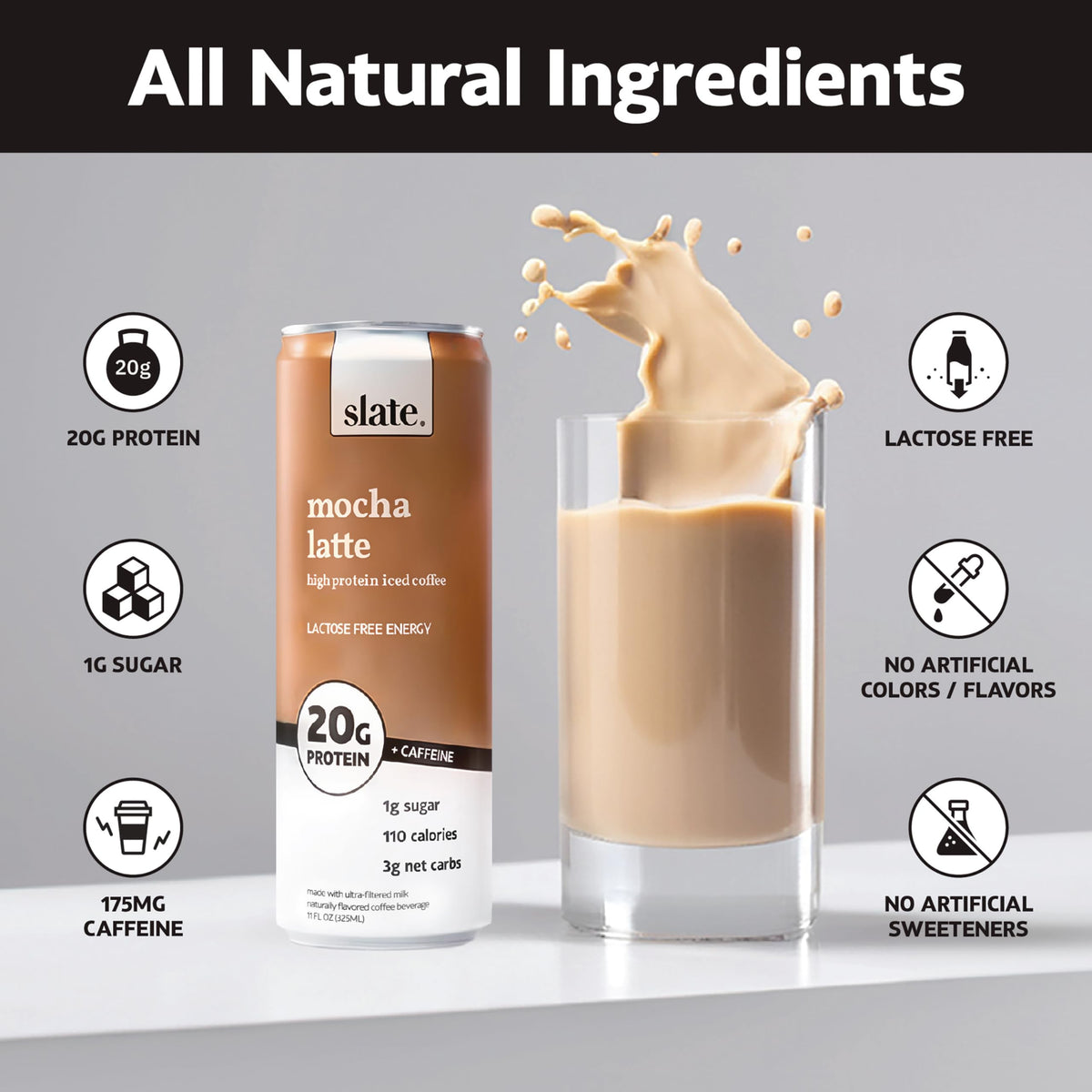 Slate Milk - High Protein Milk Shake - French Vanilla - Lactose Free, 20g Protein, 1g Sugar, 100 Calories, 1g Net Carbs, No Added Sugar - Natural, Breakfast Boost, Post Workout - 11 fl oz, 12 Cans