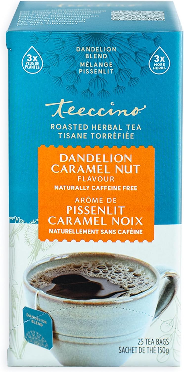 Teeccino Dandelion Caramel Nut Herbal Tea - Caffeine Free, Roasted with Prebiotics, 3x More Herbs than Regular Tea Bags, Gluten Free - 25 Bags
