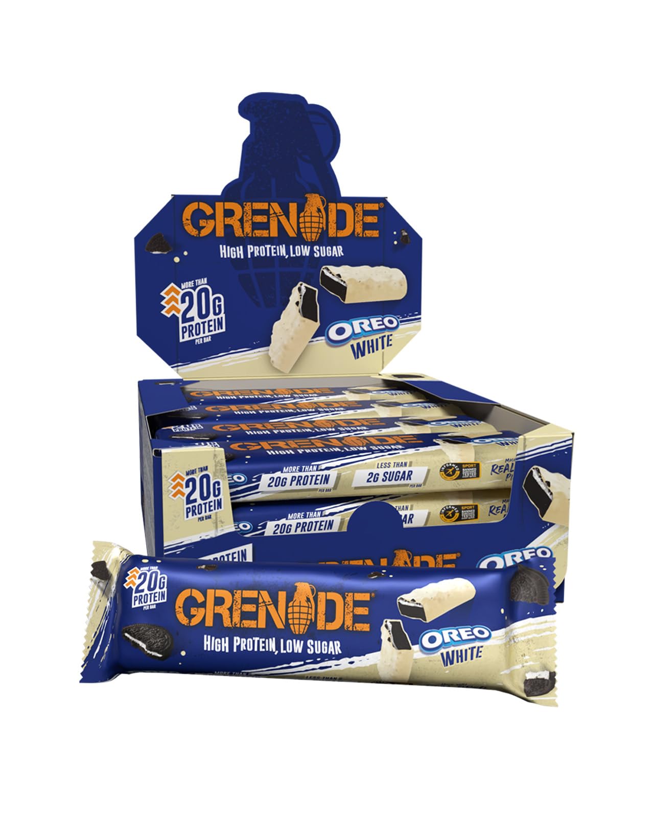 Grenade OREO White High Protein, Low Sugar Bars, 12 x 60 g – 21 g Protein per Snack Bar with Crunchy OREO Pieces & White Chocolate Coating