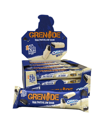 Grenade OREO White High Protein, Low Sugar Bars, 12 x 60 g – 21 g Protein per Snack Bar with Crunchy OREO Pieces & White Chocolate Coating