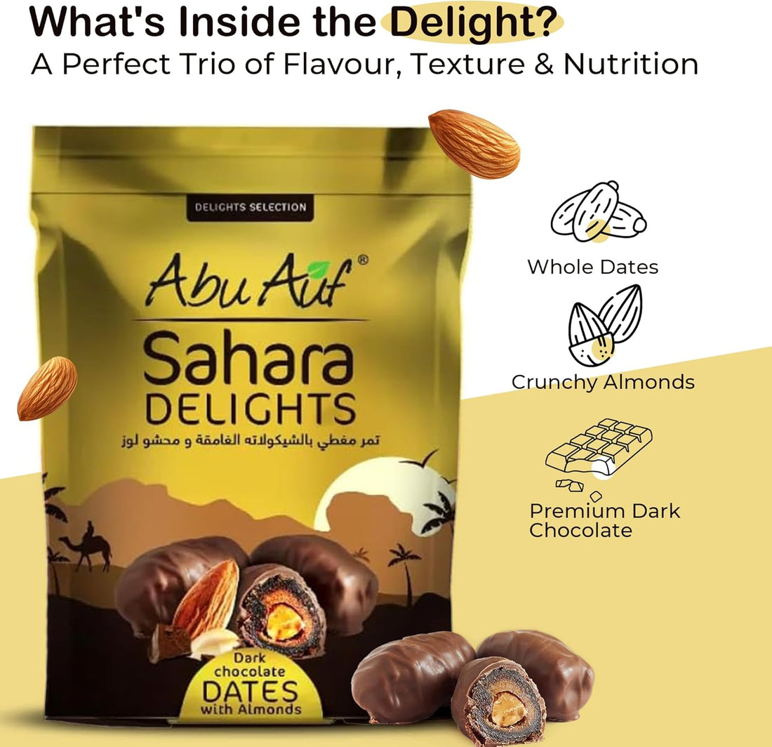 Abu Auf Sahara Delights Dark Chocolate-Covered Dates with Almonds,Delights Selection 300g