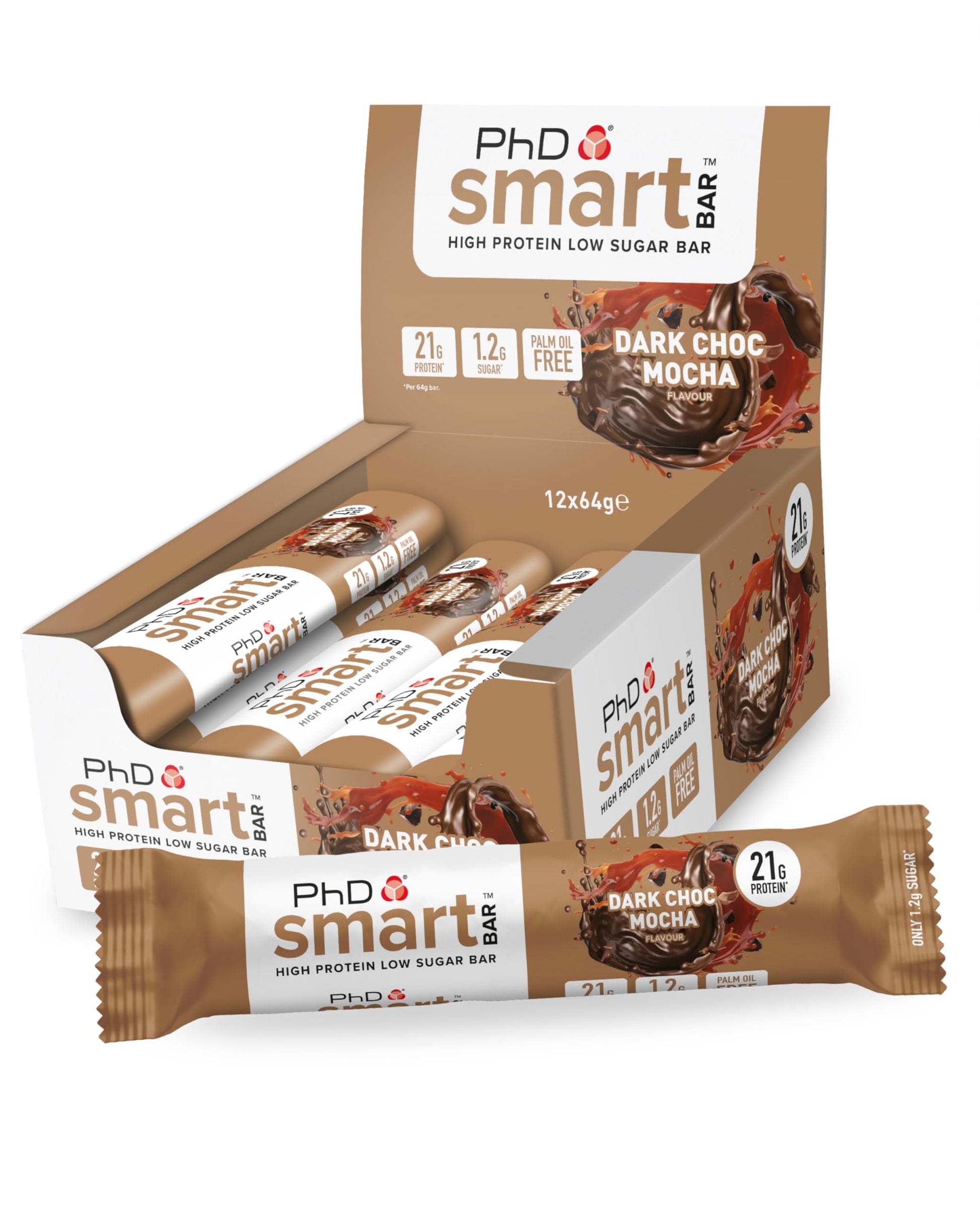 PhD Smart Hight Protein Bar Low Sugar, Nutritional Protein Bars/Protein Snacks, Chocolate Raspberry Flavour, 20g of Protein, 64g Bar (12 Pack)