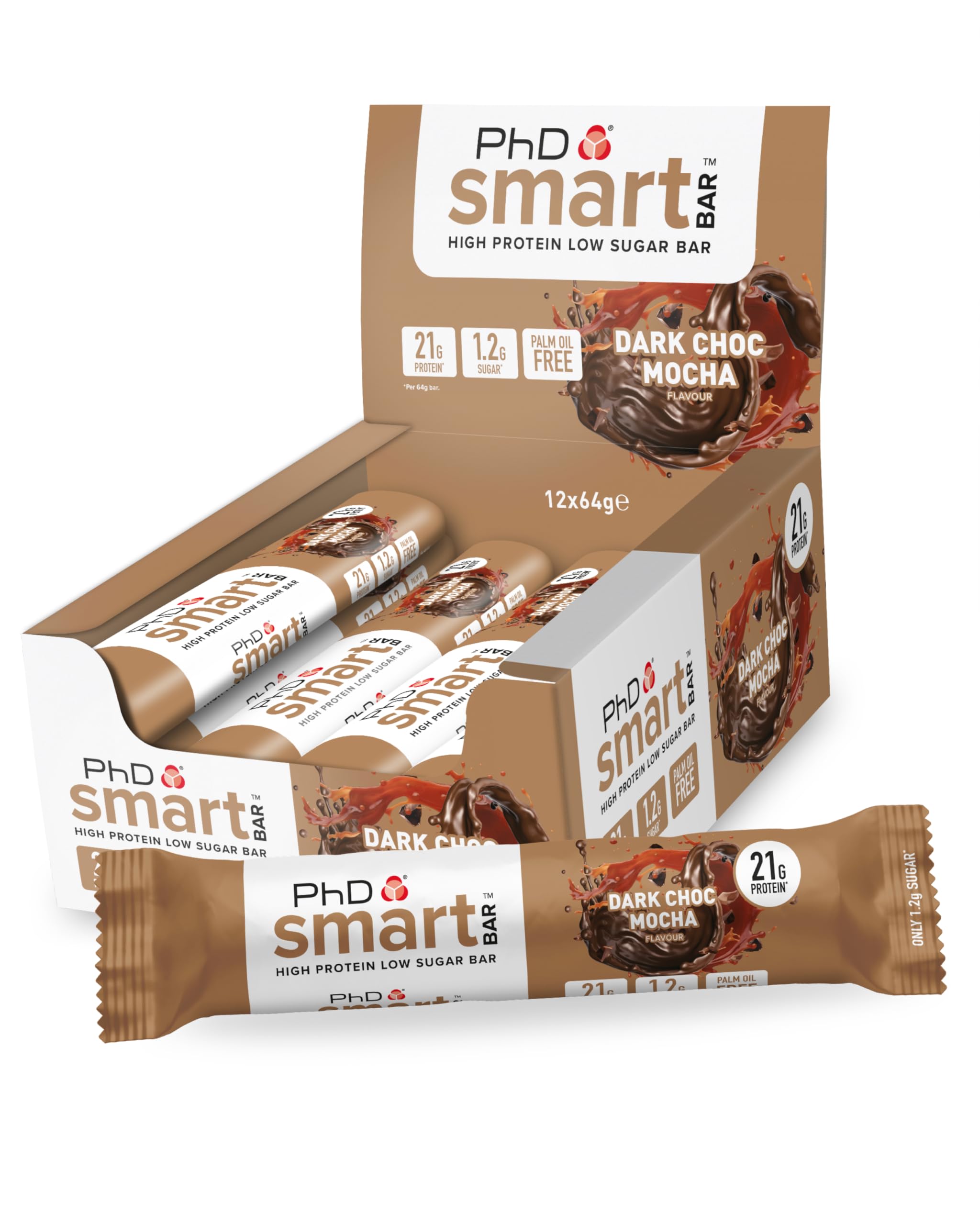PhD Smart Hight Protein Bar Low Sugar, Nutritional Protein Bars/Protein Snacks, Chocolate Raspberry Flavour, 20g of Protein, 64g Bar (12 Pack)