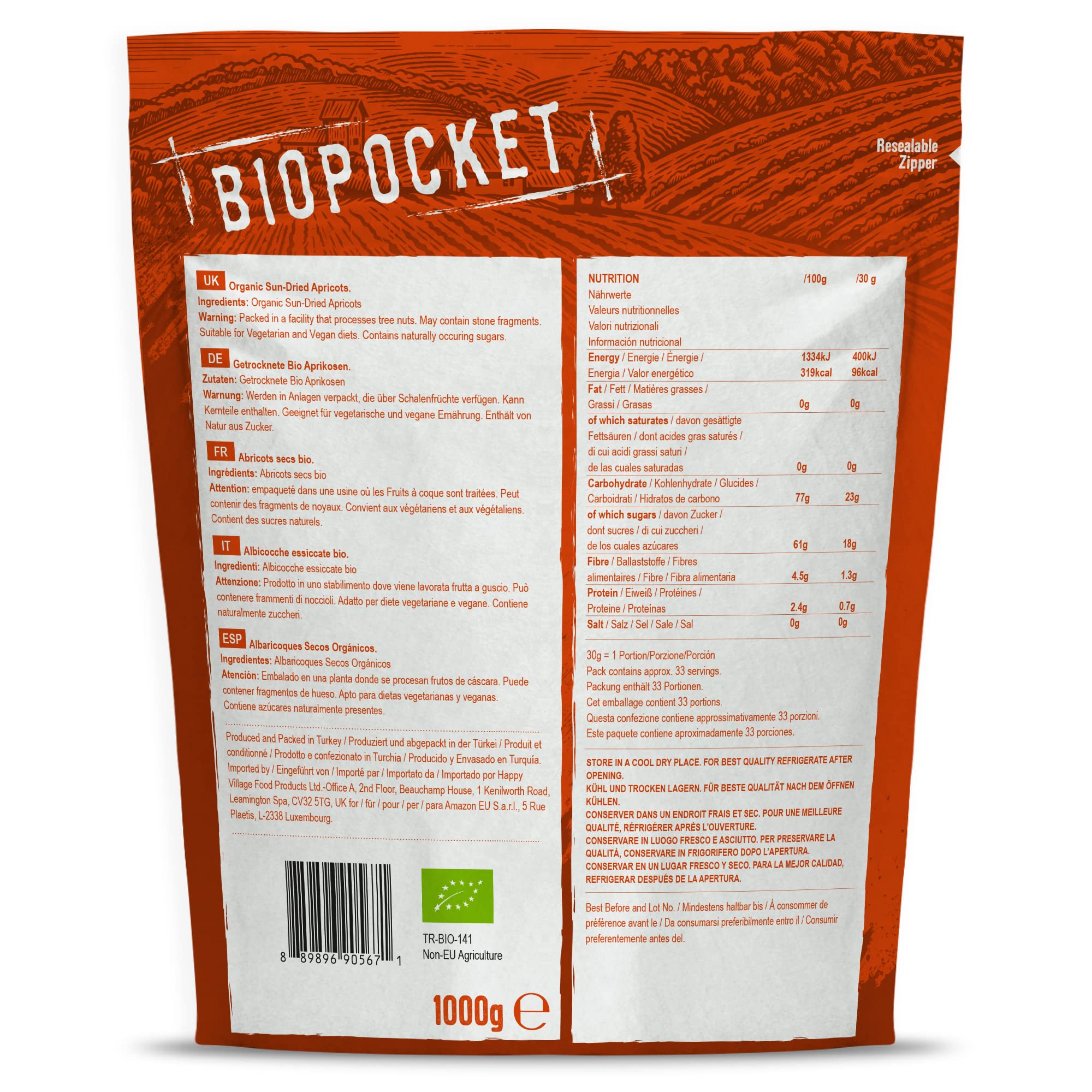 Biopocket Organic Dried Apricots, 2 x 500 g