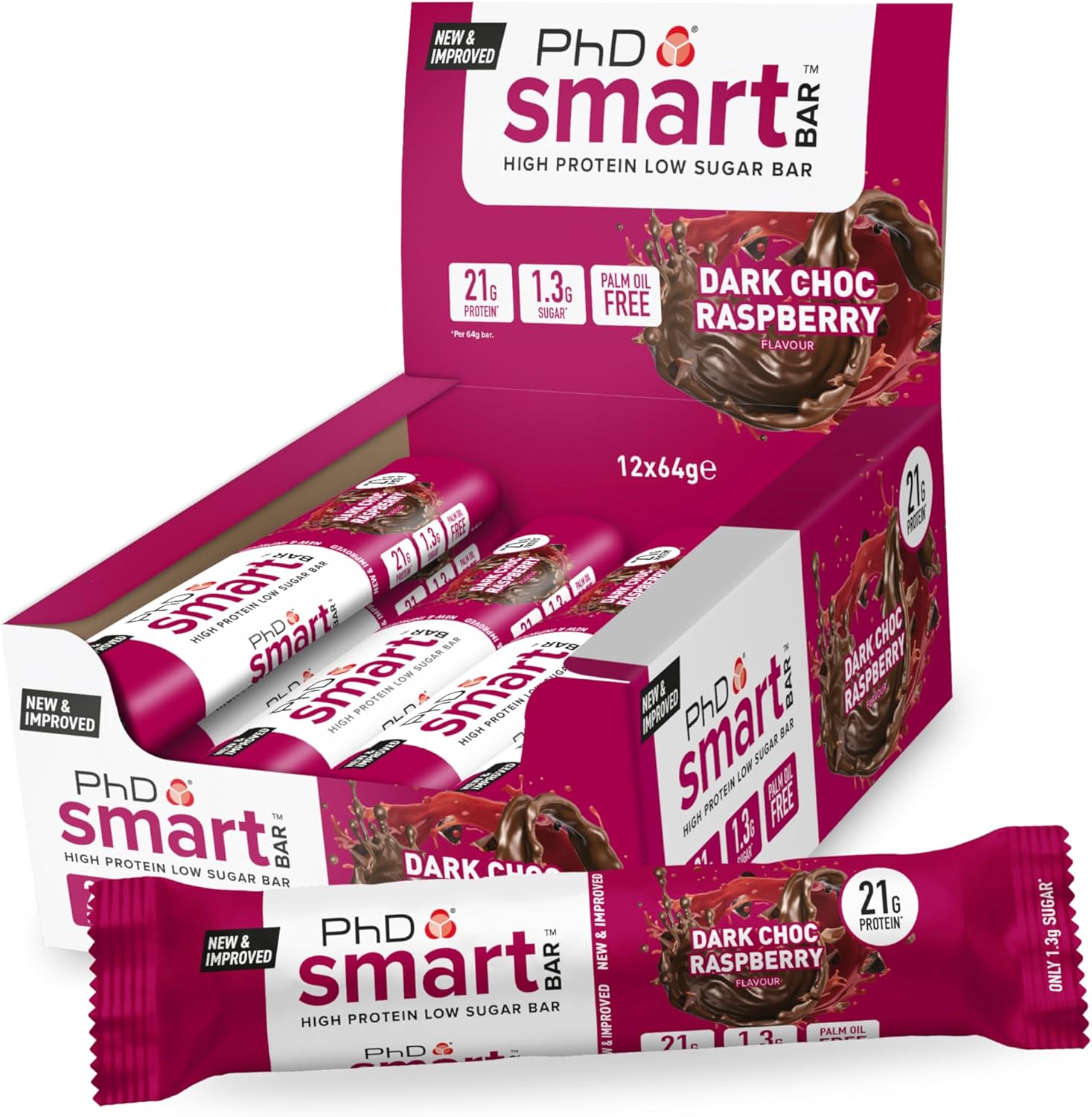 PhD Smart Hight Protein Bar Low Sugar, Nutritional Protein Bars/Protein Snacks, Chocolate Raspberry Flavour, 20g of Protein, 64g Bar (12 Pack)