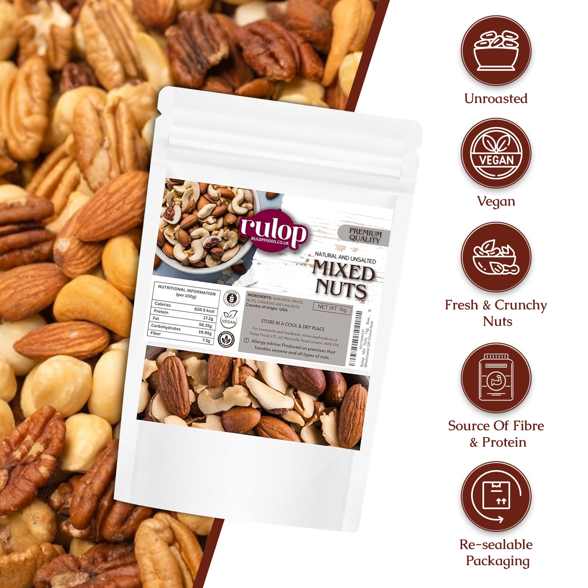 Rulop Mix Nuts 1kg: Raw & Unsalted Cashews, Almonds, Walnuts, Brazil Nuts - Nutritious Vegan, Keto, Vegetarian Snack Mix, Bulk Diet Treat & Wholesome Gift Choice