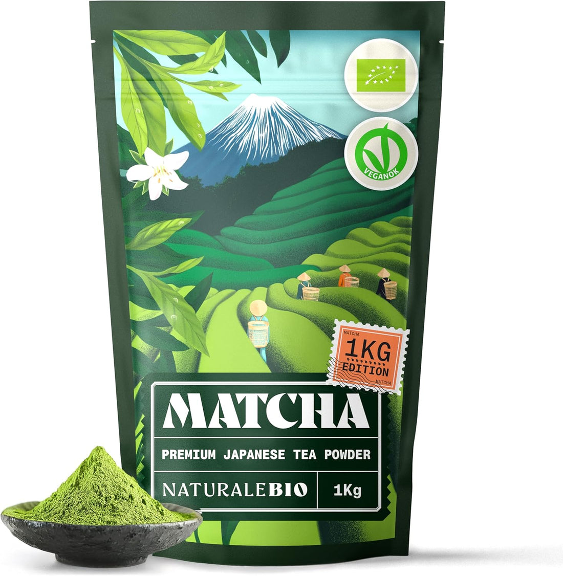 NaturaleBio Japanese Organic Matcha Green Tea Powder - Premium Grade - 1kg. Tea Produced in Japan, Uji, Kyoto. Use for Drinking, Smoothie Making and with Milk. Vegan & Vegetarian Friendly