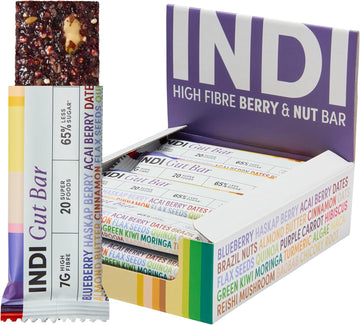 INDI High Fibre Gut Health Bars — Made of 20 Superfoods, Vegan & Gluten Free — Plant Based with Nuts, Seeds & Fruit — No Added Sugar, Natural Energy — 12 Pack, Made in UK