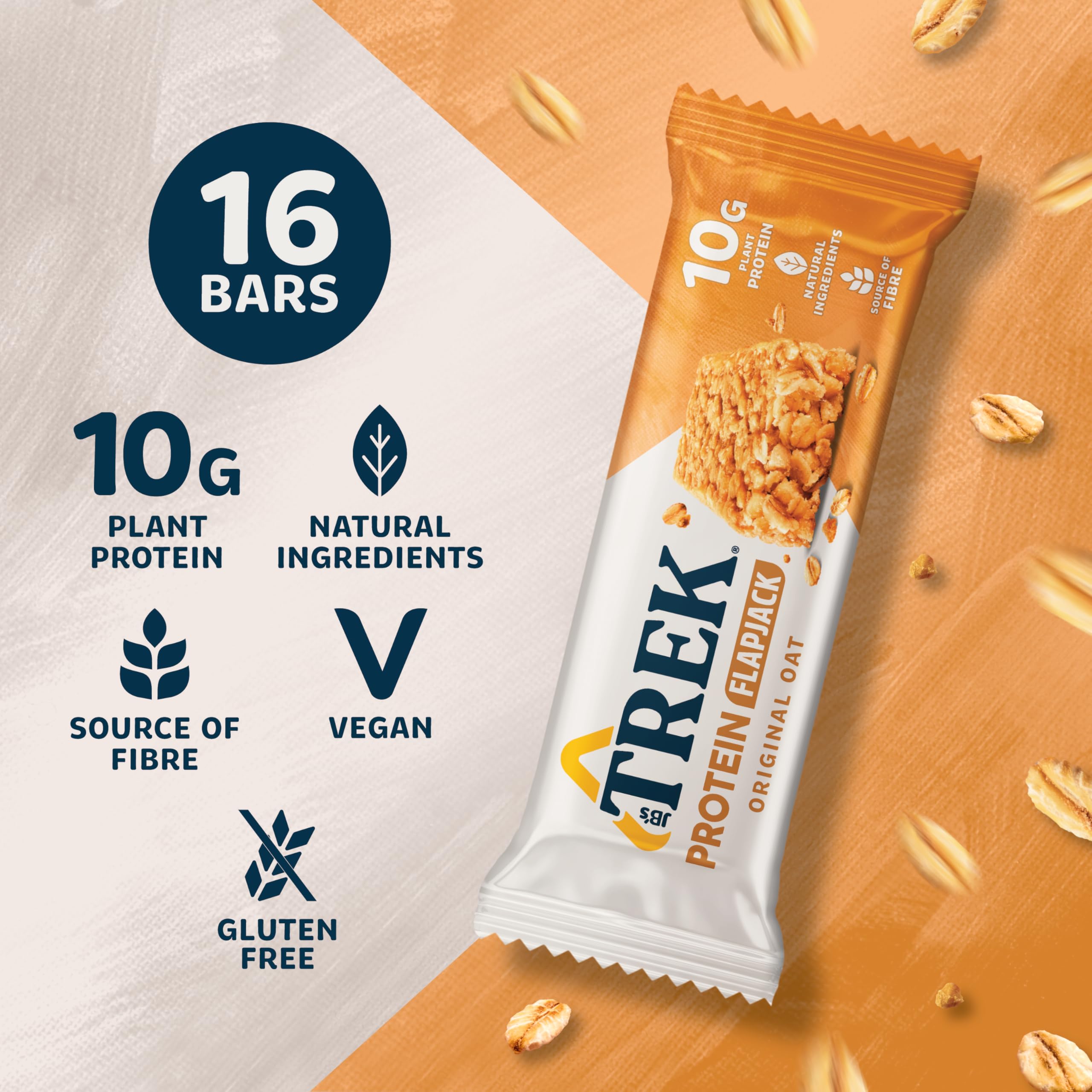Trek High Protein Flapjack Cocoa Oat, 50 g - Gluten Free Bars – Healthy Snack Bars – Plant Based Protein - Vegan Bars (Pack of 16 Bars) | L0572375-P107199021-M107199013