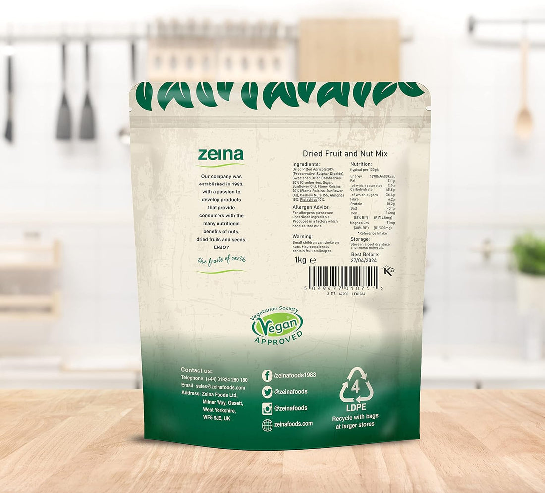 Zeina Succulent Dried Fruit and Nut Mix (1Kg) - Premium Quality Healthy Snacks with Jumbo Flame Raisins, Apricots, Cranberries, Almonds, Cashews and Pistachios, Suitable for Healthy Vegan Diets