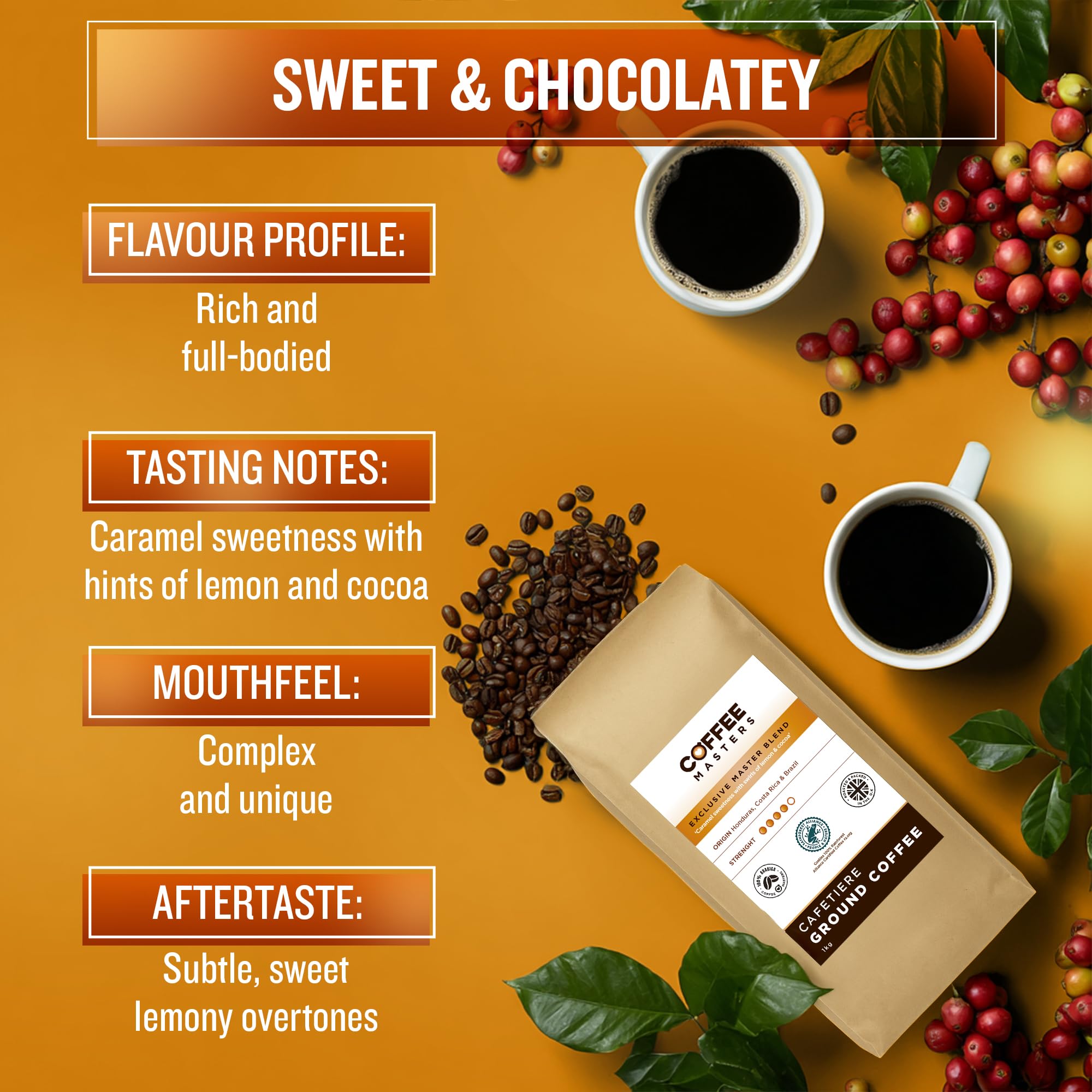 Coffee Masters Coffee Beans 1kg Exclusive Master Blend - 100% Arabica, Medium Dark Roasted Whole Bean Ideal for Espresso Machines