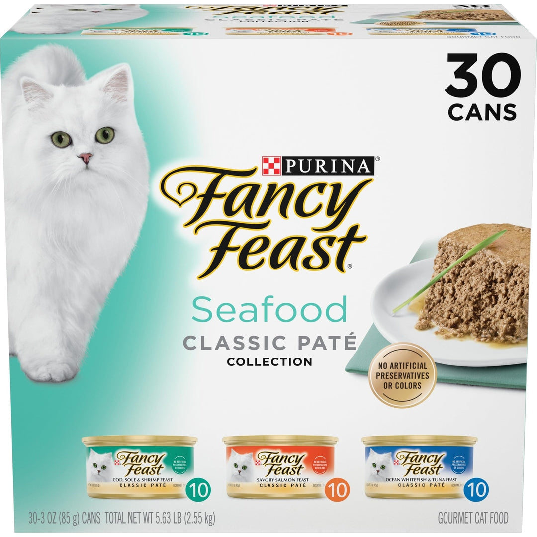 Purina Fancy Feast Seafood Classic Pate Collection Grain Free Wet Cat Food Variety Pack - (Pack of 30) 3 oz. Cans