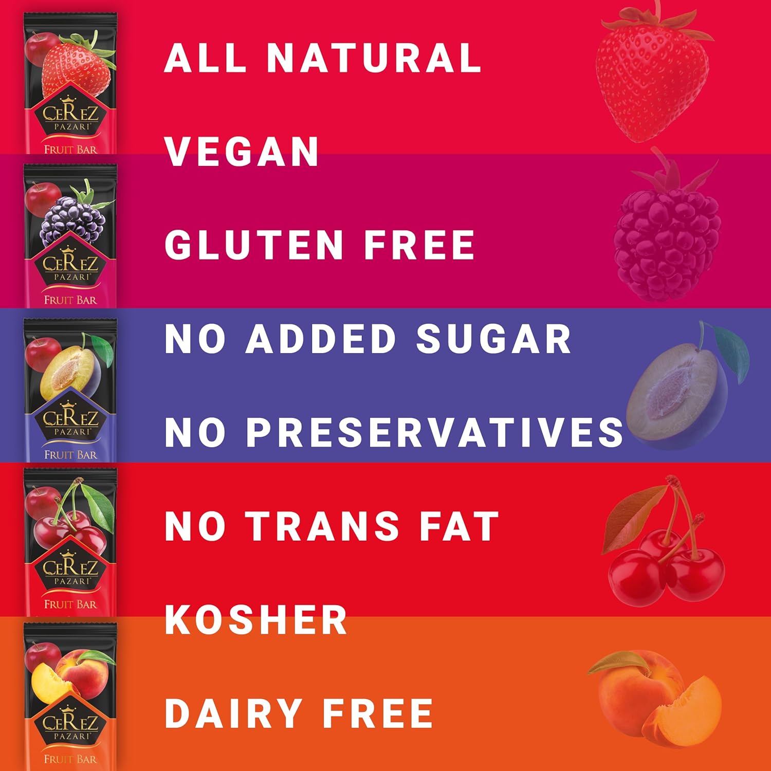 Cerez Pazari Dried Fruit Roll Ups, 25g x 35 pack Snacks Variety Pack for Kids, Vegan Real Fruit Bars, Healthy Snacks with Strawberry, Blackberry, Plum, Sour Cherry and Peach