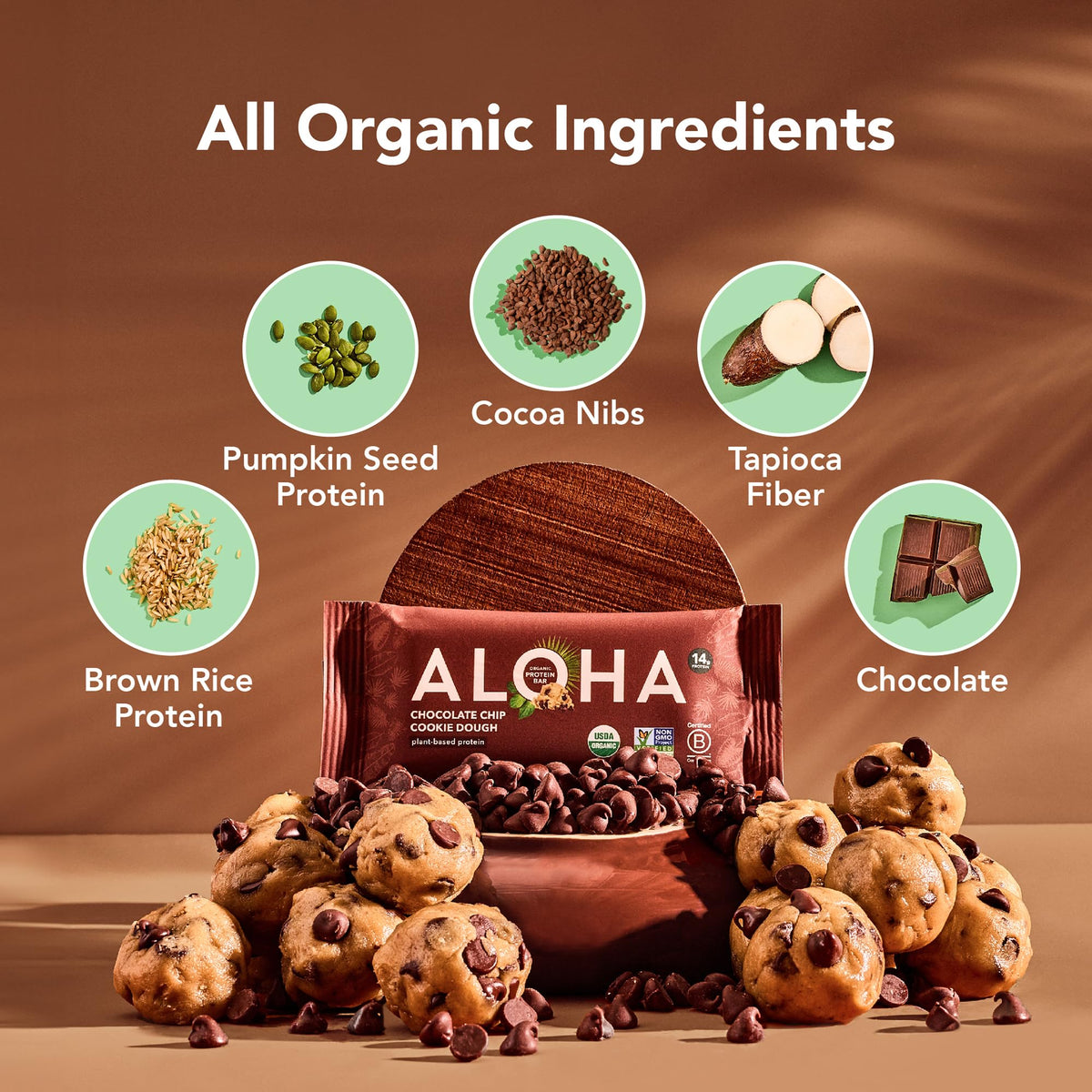 ALOHA Organic Plant Based Protein Bars |Peanut Butter Chocolate Chip | 1.98 Oz (Pack of 12) | Vegan, Low Sugar, Gluten Free, Paleo, Low Carb, Non-GMO, Stevia Free, Soy Free, No Sugar Alcohols