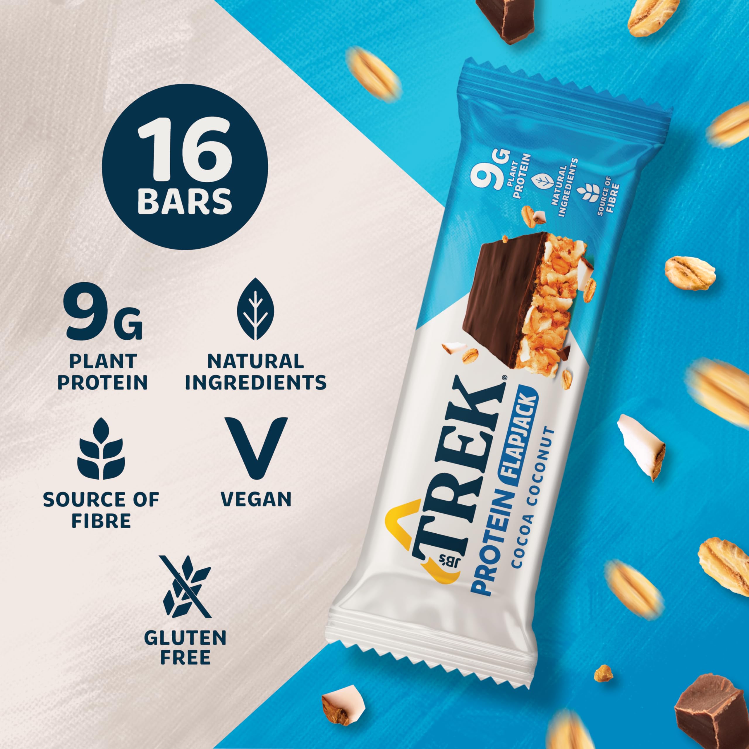 Trek High Protein Flapjack Cocoa Oat, 50 g - Gluten Free Bars – Healthy Snack Bars – Plant Based Protein - Vegan Bars (Pack of 16 Bars) | L0572375-P107199021-M107199013