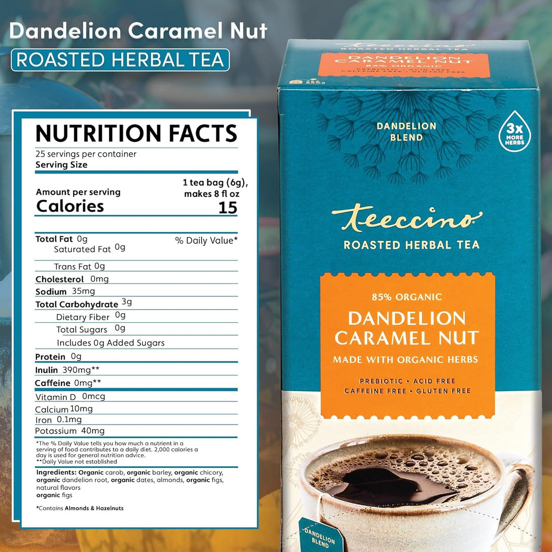 Teeccino Dandelion Caramel Nut Herbal Tea - Caffeine Free, Roasted with Prebiotics, 3x More Herbs than Regular Tea Bags, Gluten Free - 25 Bags