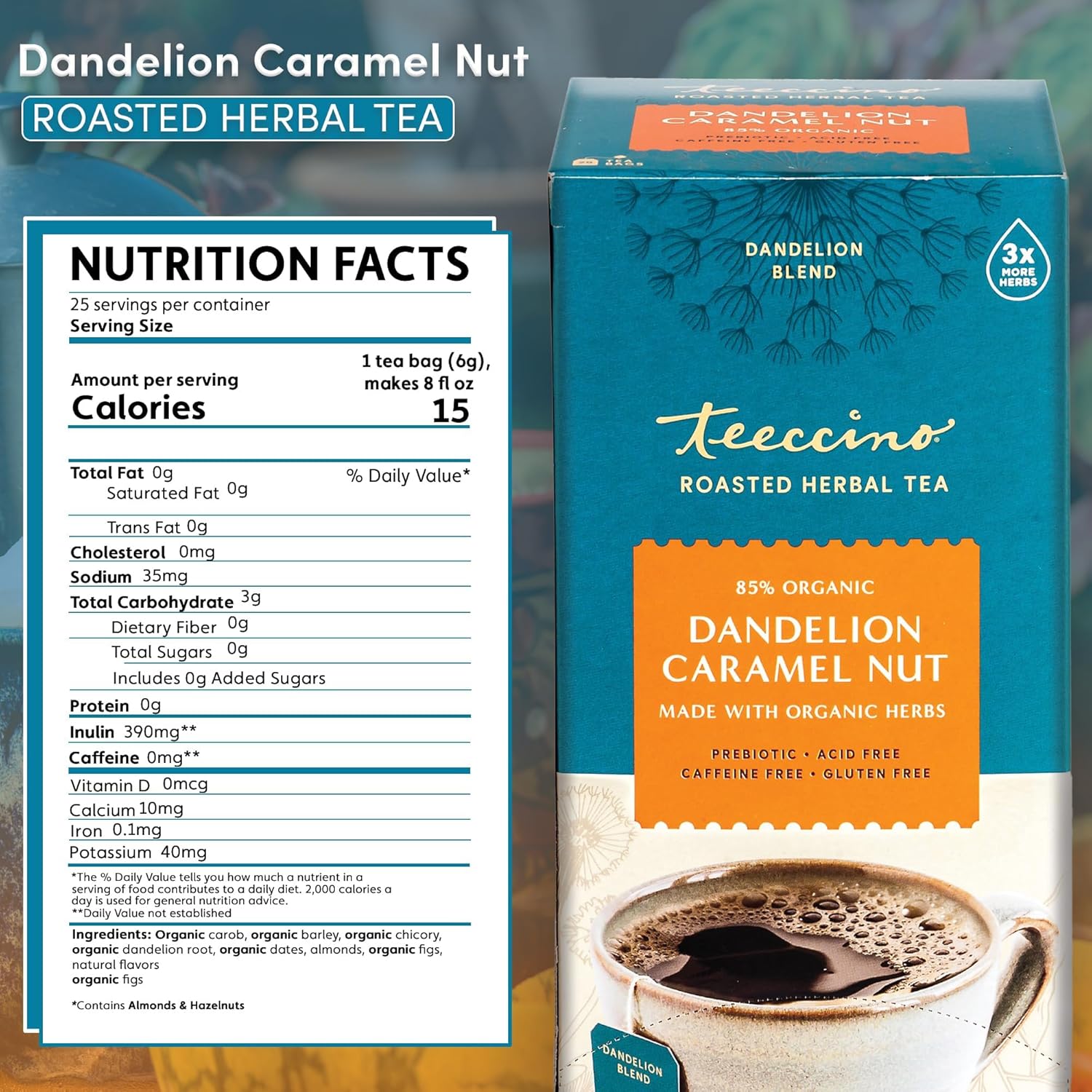 Teeccino Dandelion Caramel Nut Herbal Tea - Caffeine Free, Roasted with Prebiotics, 3x More Herbs than Regular Tea Bags, Gluten Free - 25 Bags