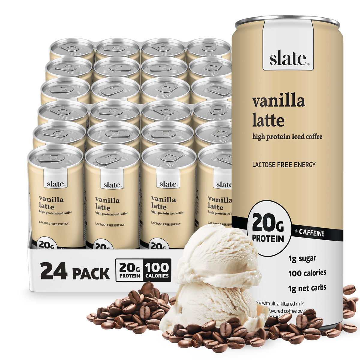 Slate Milk - High Protein Milk Shake - French Vanilla - Lactose Free, 20g Protein, 1g Sugar, 100 Calories, 1g Net Carbs, No Added Sugar - Natural, Breakfast Boost, Post Workout - 11 fl oz, 12 Cans