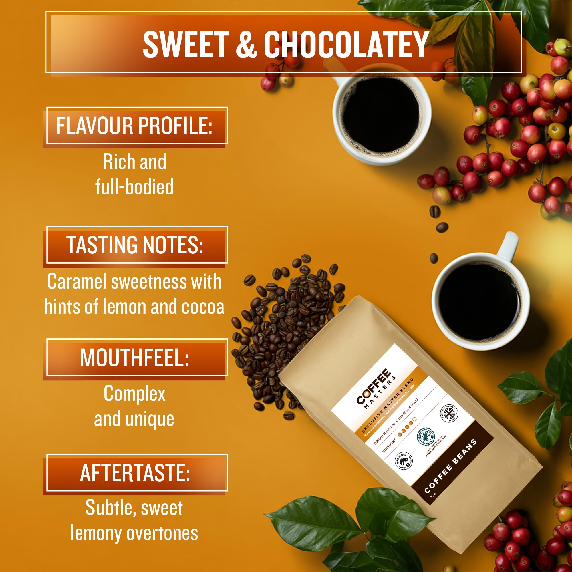 Coffee Masters Coffee Beans 1kg Exclusive Master Blend - 100% Arabica, Medium Dark Roasted Whole Bean Ideal for Espresso Machines
