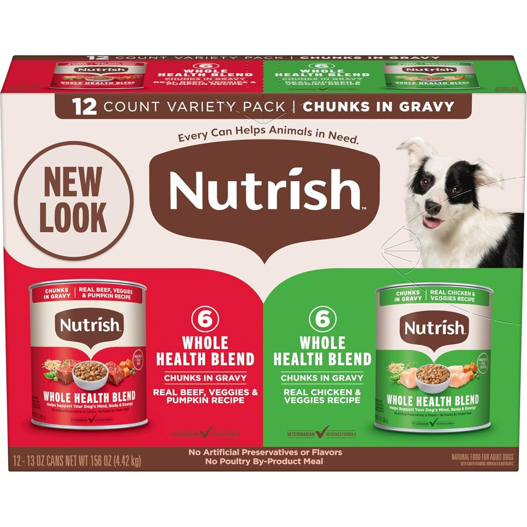 Nutrish Whole Health Blend Chunks in Gravy Variety Pack Wet Dog Food, 13 oz. Can, 12 Count (Rachael Ray)
