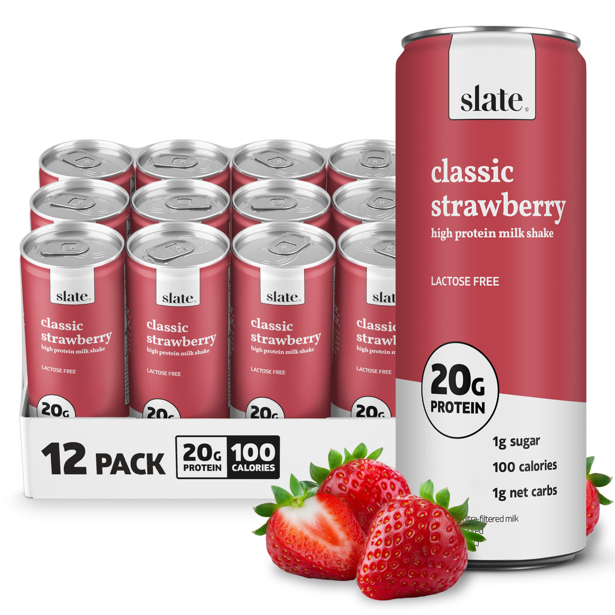 Slate Milk - High Protein Milk Shake - French Vanilla - Lactose Free, 20g Protein, 1g Sugar, 100 Calories, 1g Net Carbs, No Added Sugar - Natural, Breakfast Boost, Post Workout - 11 fl oz, 12 Cans