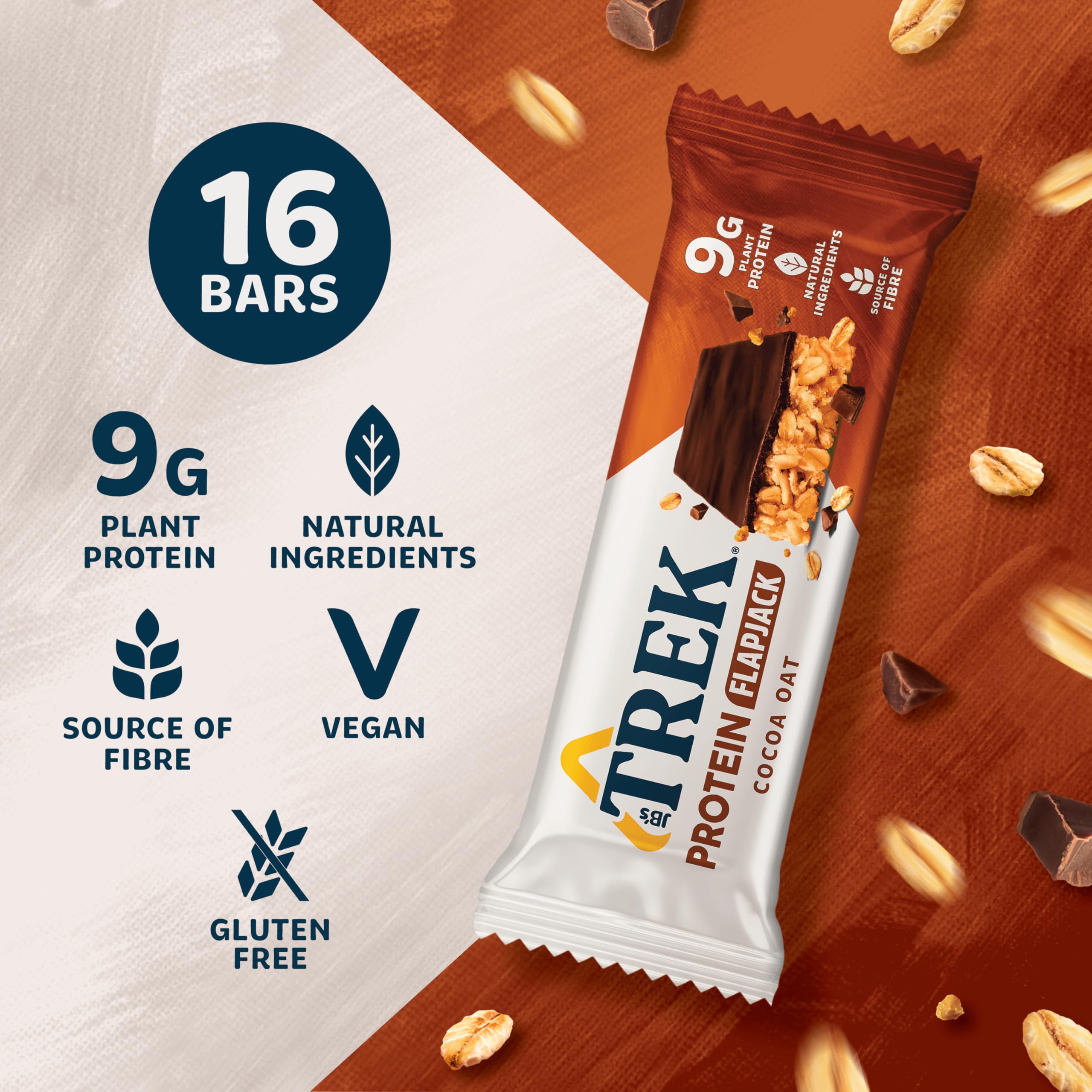 Trek High Protein Flapjack Cocoa Oat, 50 g - Gluten Free Bars – Healthy Snack Bars – Plant Based Protein - Vegan Bars (Pack of 16 Bars) | L0572375-P107199021-M107199013
