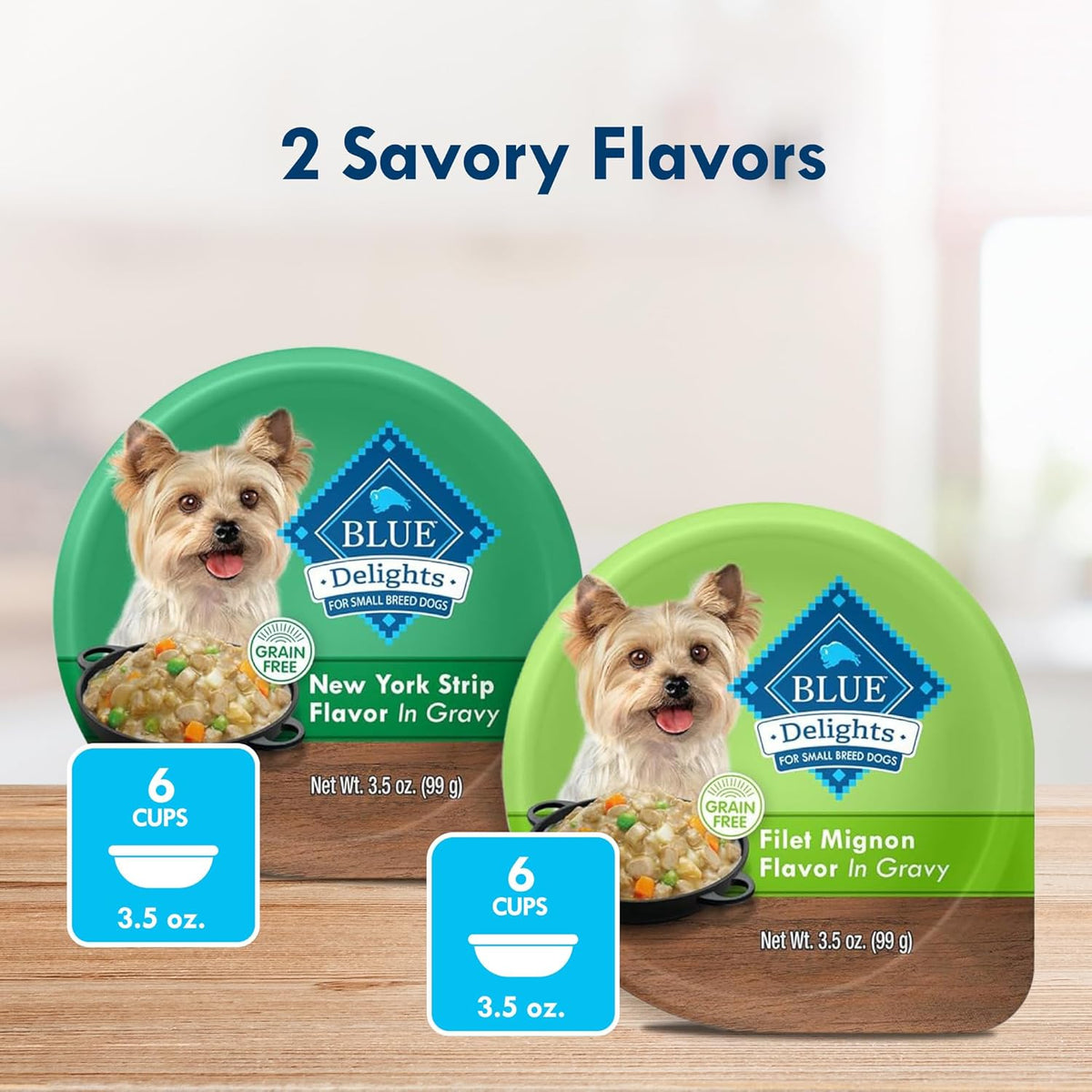 Blue Buffalo Delights Natural Adult Small Breed Wet Dog Food, Variety Pack, Made with Natural Ingredients, Filet Mignon & New York Strip Recipe in Hearty Gravy, 3.5-oz. Cups (12 Count, 6 of Each)