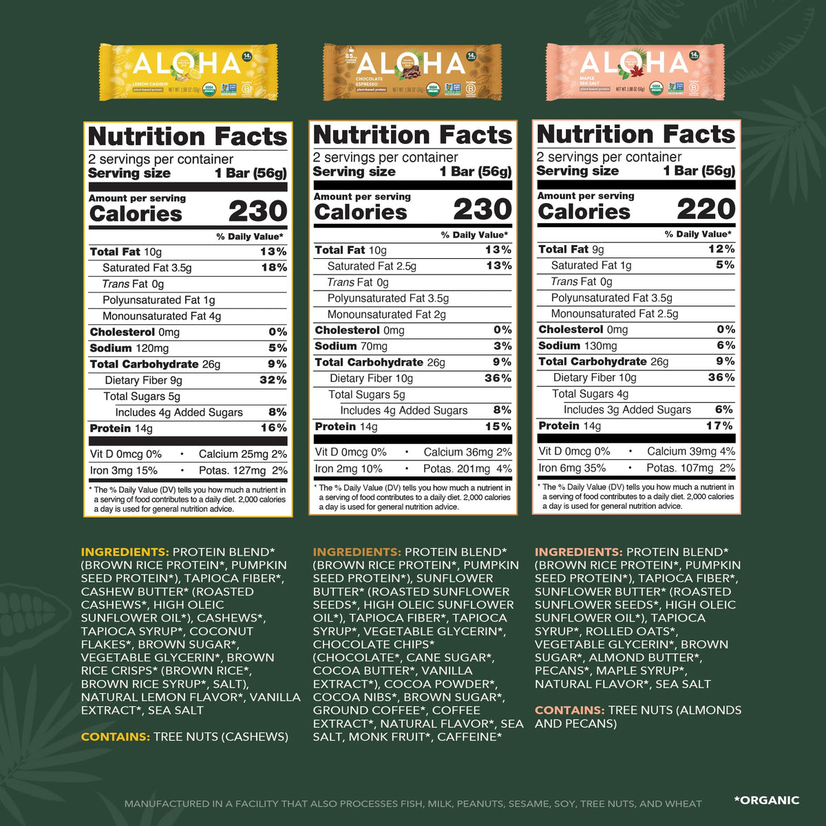 ALOHA Organic Plant Based Protein Bars |Peanut Butter Chocolate Chip | 1.98 Oz (Pack of 12) | Vegan, Low Sugar, Gluten Free, Paleo, Low Carb, Non-GMO, Stevia Free, Soy Free, No Sugar Alcohols