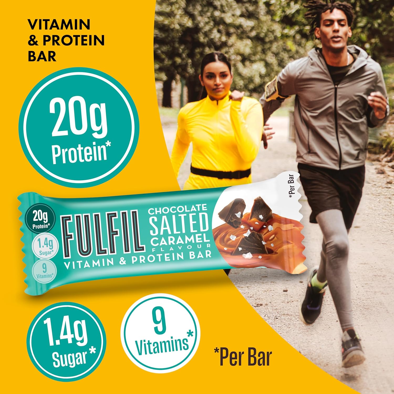FULFIL Vitamin and Protein Bars (15 x 55 g Bars) — Chocolate Salted Caramel Flavour — 20 g High Protein; 9 Vitamins; Low Sugar