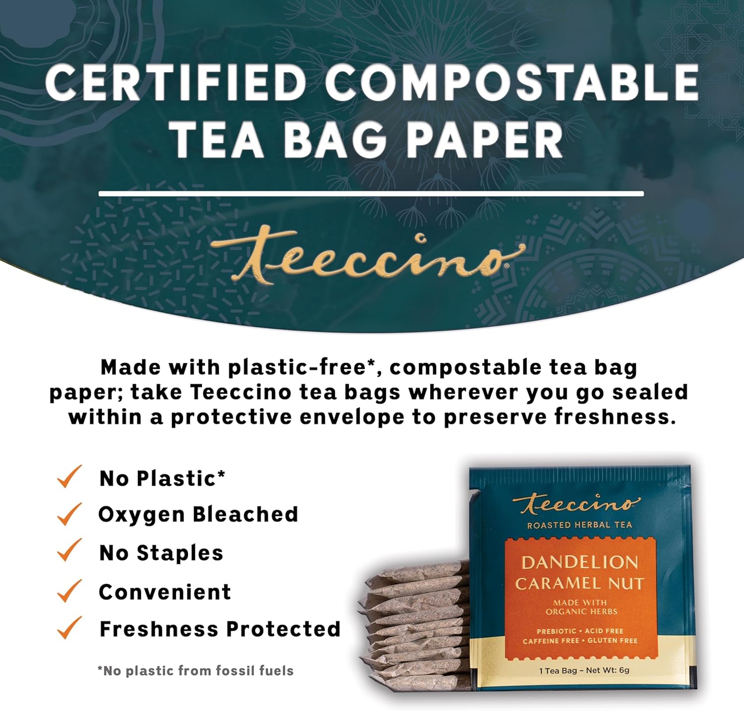 Teeccino Dandelion Caramel Nut Herbal Tea - Caffeine Free, Roasted with Prebiotics, 3x More Herbs than Regular Tea Bags, Gluten Free - 25 Bags