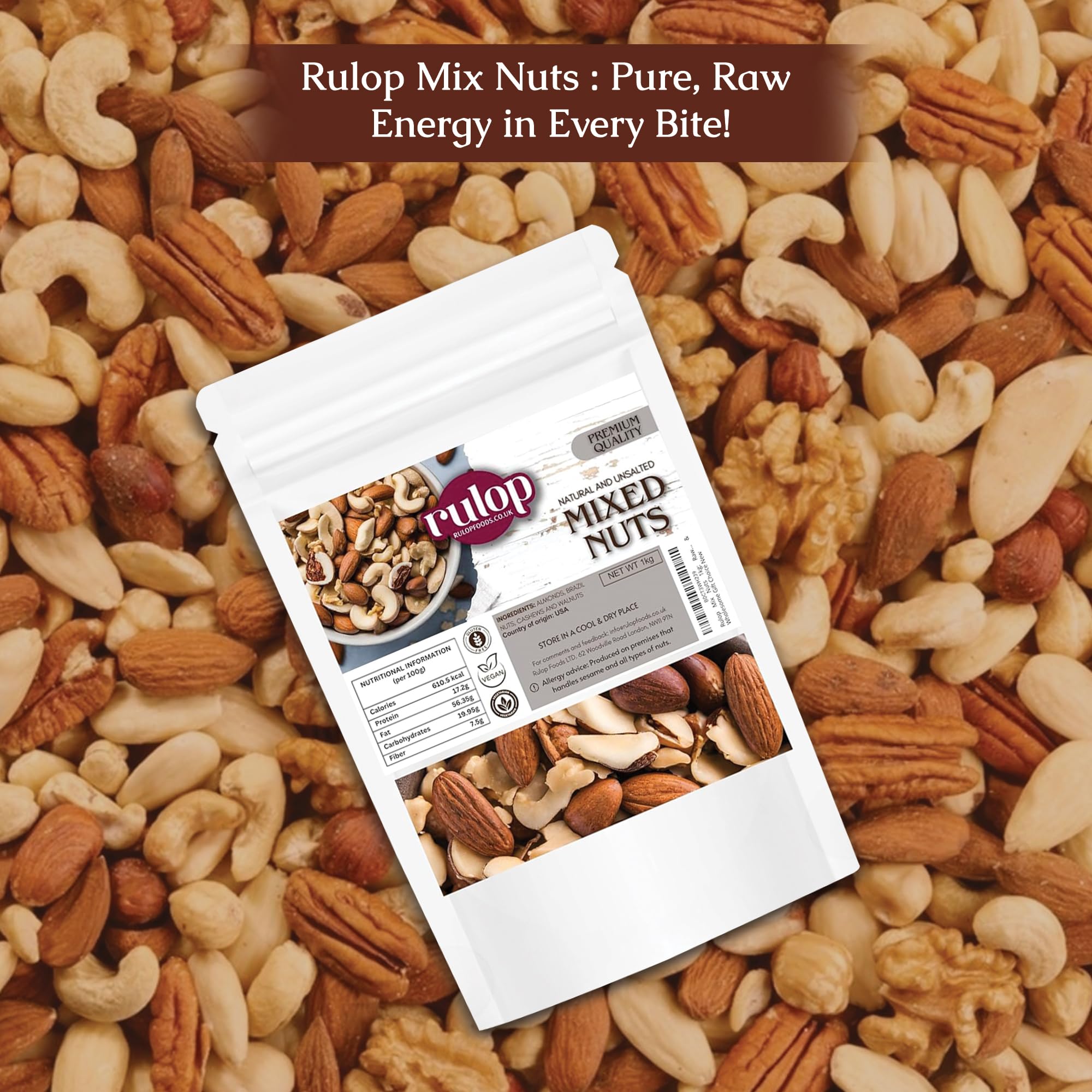 Rulop Mix Nuts 1kg: Raw & Unsalted Cashews, Almonds, Walnuts, Brazil Nuts - Nutritious Vegan, Keto, Vegetarian Snack Mix, Bulk Diet Treat & Wholesome Gift Choice