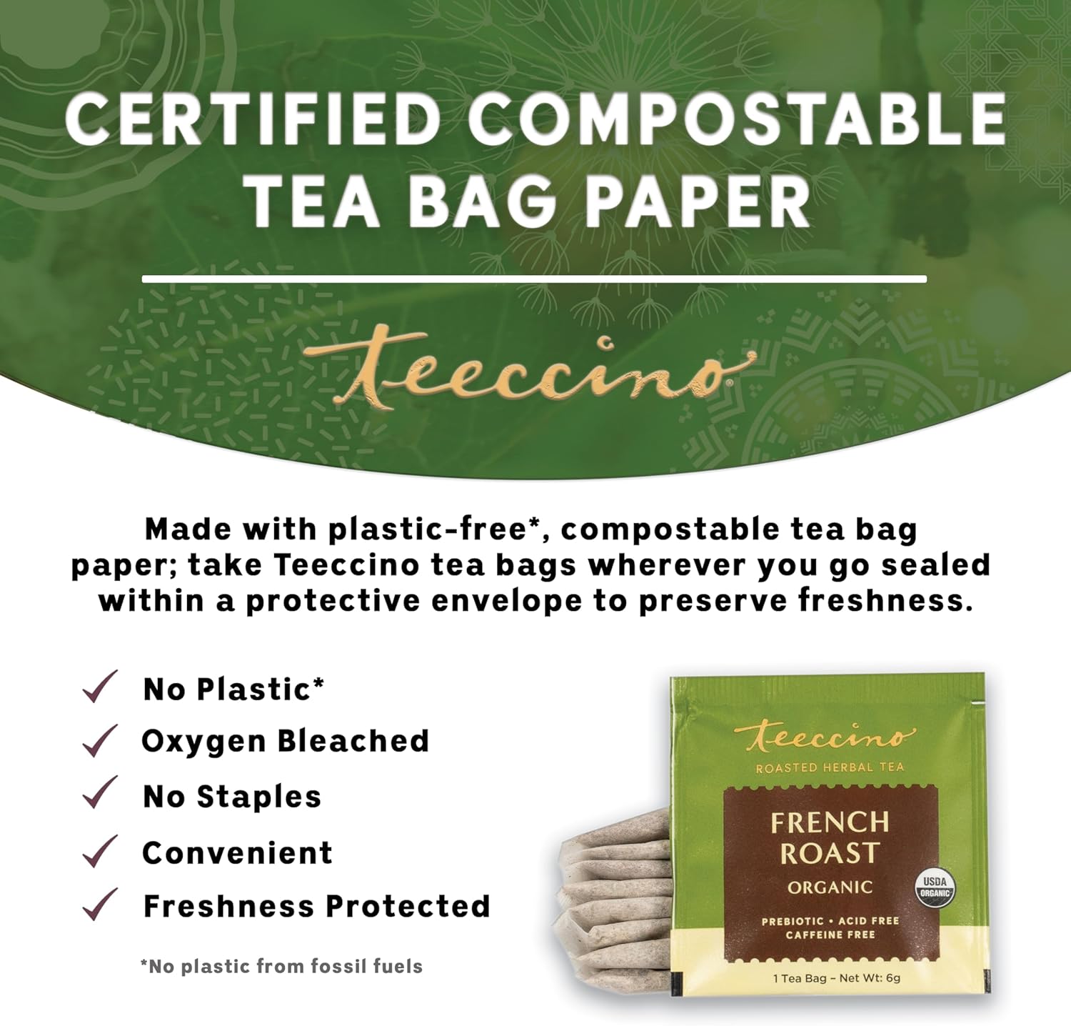 Teeccino French Roast Herbal Tea - Rich & Roasted Herbal Tea That’s Caffeine Free & Prebiotic for Natural Energy, Coffee Alternative, 25 Tea Bags