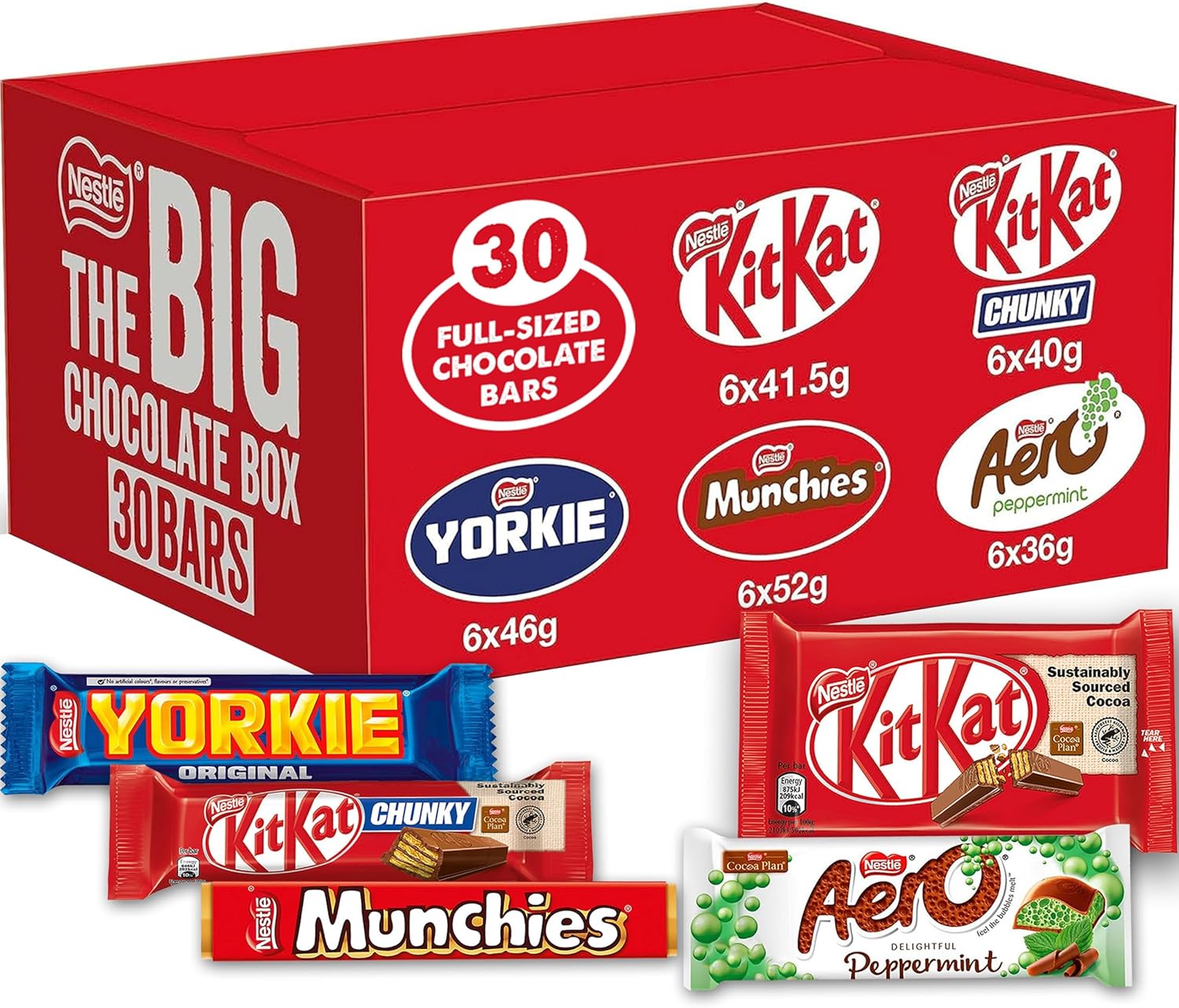 Nestlé The Big Chocolate Box, 30 x Chocolate Bars – KitKat, KitKat Chunky, Yorkie, Aero, Munchies – Sharing Gift, 1.3kg