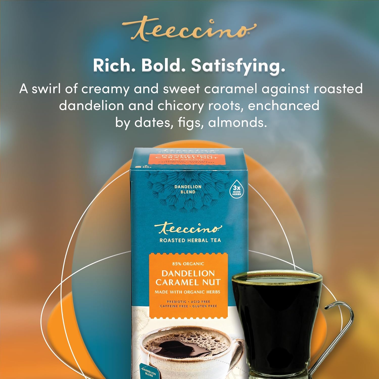 Teeccino Dandelion Caramel Nut Herbal Tea - Caffeine Free, Roasted with Prebiotics, 3x More Herbs than Regular Tea Bags, Gluten Free - 25 Bags