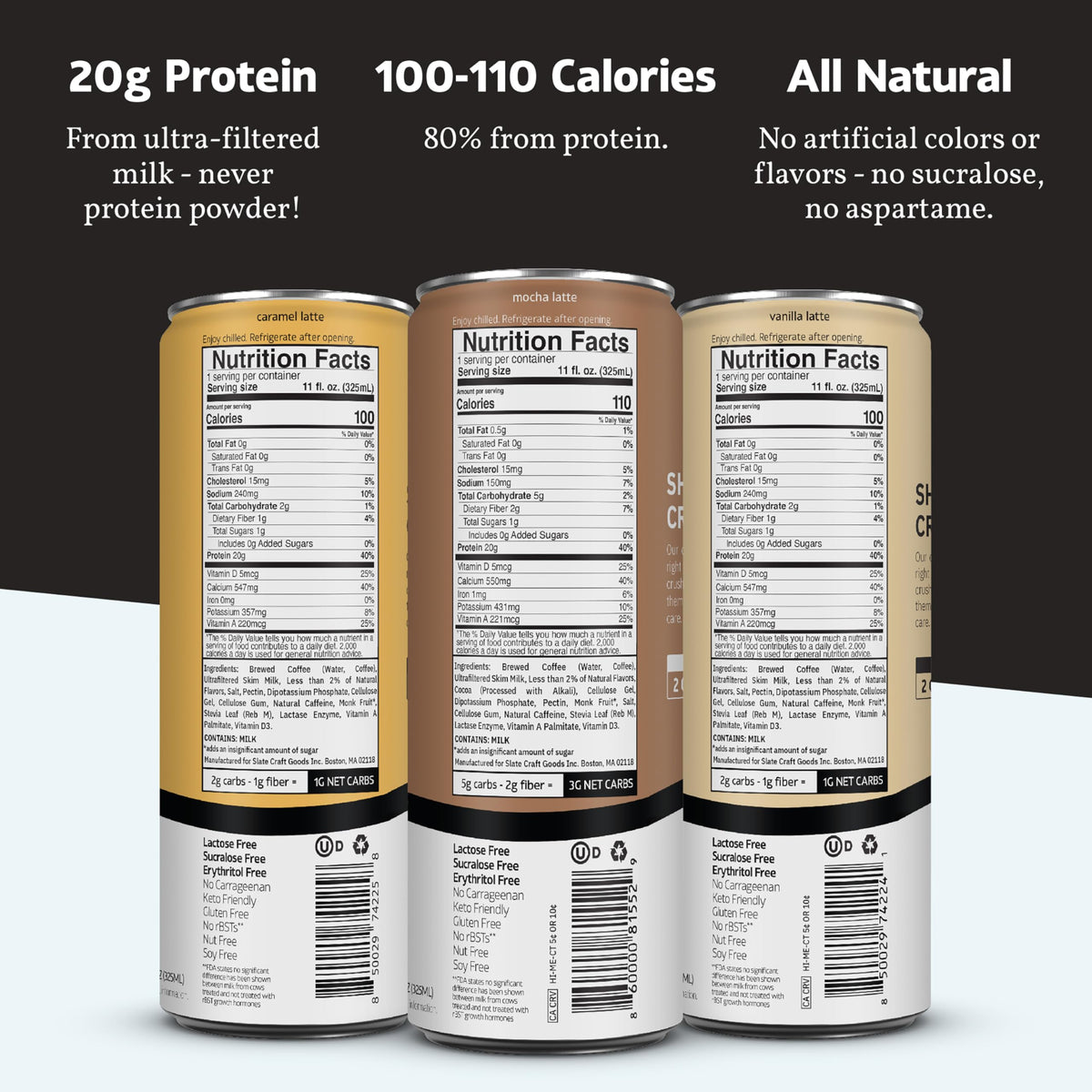 Slate Milk - High Protein Milk Shake - French Vanilla - Lactose Free, 20g Protein, 1g Sugar, 100 Calories, 1g Net Carbs, No Added Sugar - Natural, Breakfast Boost, Post Workout - 11 fl oz, 12 Cans