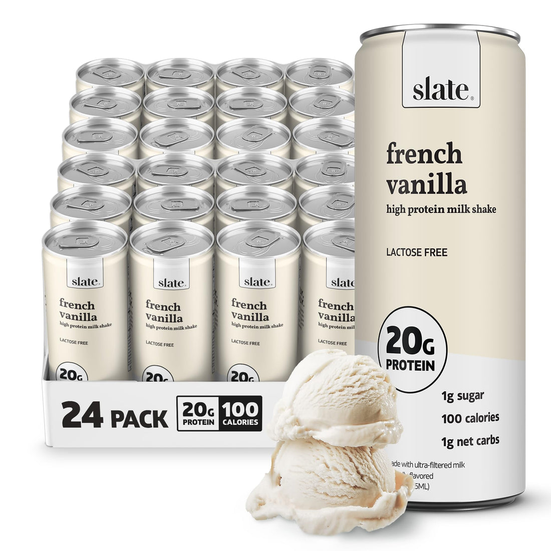 Slate Milk - High Protein Milk Shake - French Vanilla - Lactose Free, 20g Protein, 1g Sugar, 100 Calories, 1g Net Carbs, No Added Sugar - Natural, Breakfast Boost, Post Workout - 11 fl oz, 12 Cans