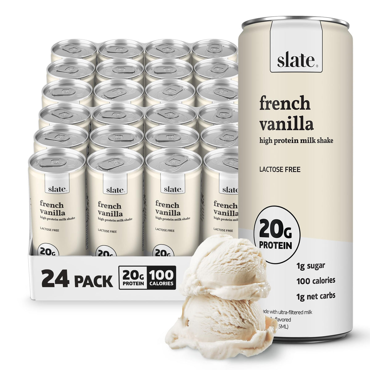 Slate Milk - High Protein Milk Shake - French Vanilla - Lactose Free, 20g Protein, 1g Sugar, 100 Calories, 1g Net Carbs, No Added Sugar - Natural, Breakfast Boost, Post Workout - 11 fl oz, 12 Cans