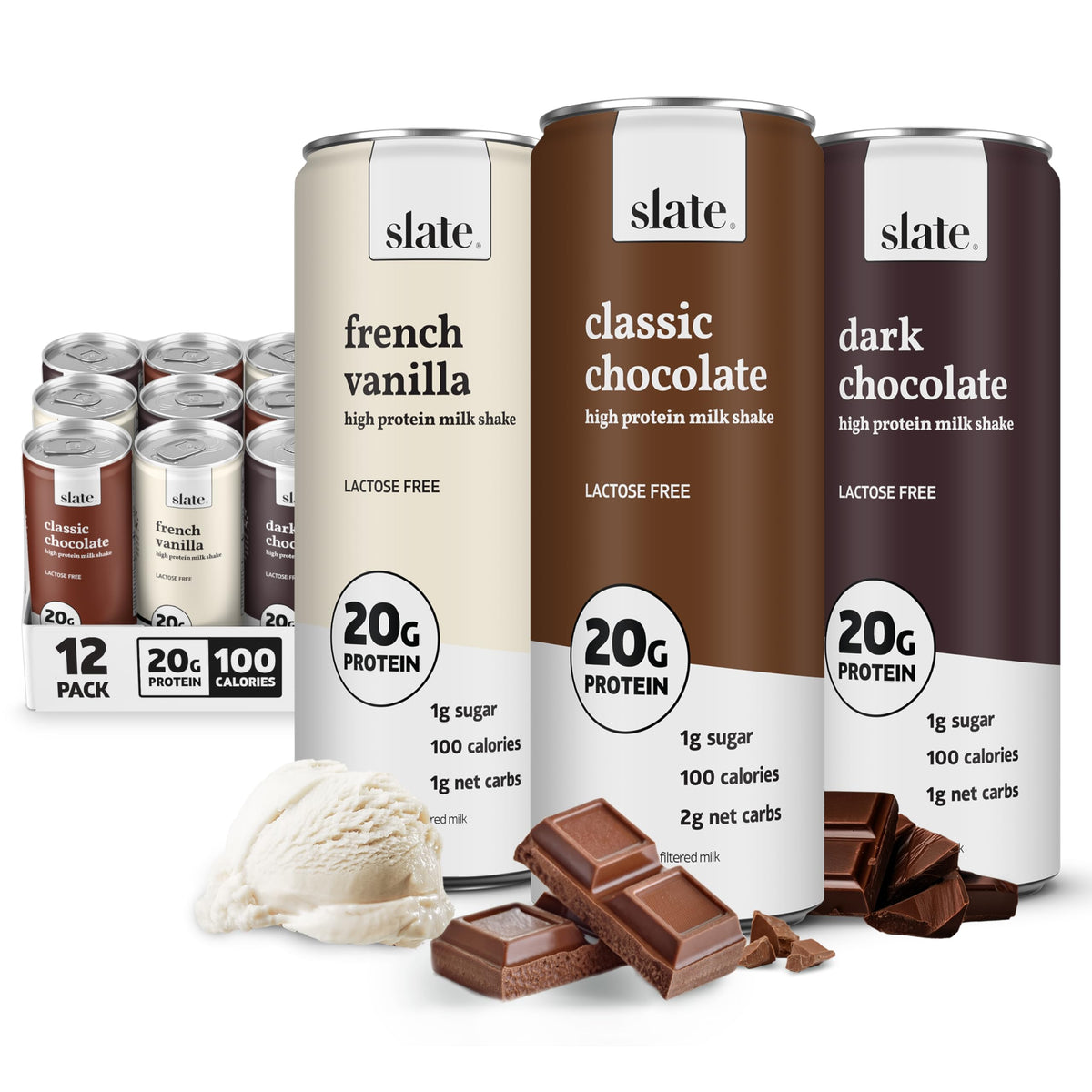 Slate Milk - High Protein Milk Shake - French Vanilla - Lactose Free, 20g Protein, 1g Sugar, 100 Calories, 1g Net Carbs, No Added Sugar - Natural, Breakfast Boost, Post Workout - 11 fl oz, 12 Cans