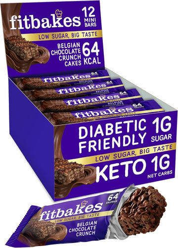 Fit bakes 64 Calories Belgian Chocolate Mini Bars (12x19g) Diabetic Chocolate Keto Snack, 1 Net Carb Low Sugar Crunch Cake, Diabetic Sweets Biscuits, Low Calorie Snack, No Added Sugar, Fitbakes