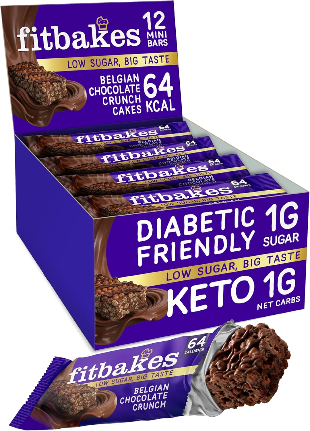 Fit bakes 64 Calories Belgian Chocolate Mini Bars (12x19g) Diabetic Chocolate Keto Snack, 1 Net Carb Low Sugar Crunch Cake, Diabetic Sweets Biscuits, Low Calorie Snack, No Added Sugar, Fitbakes