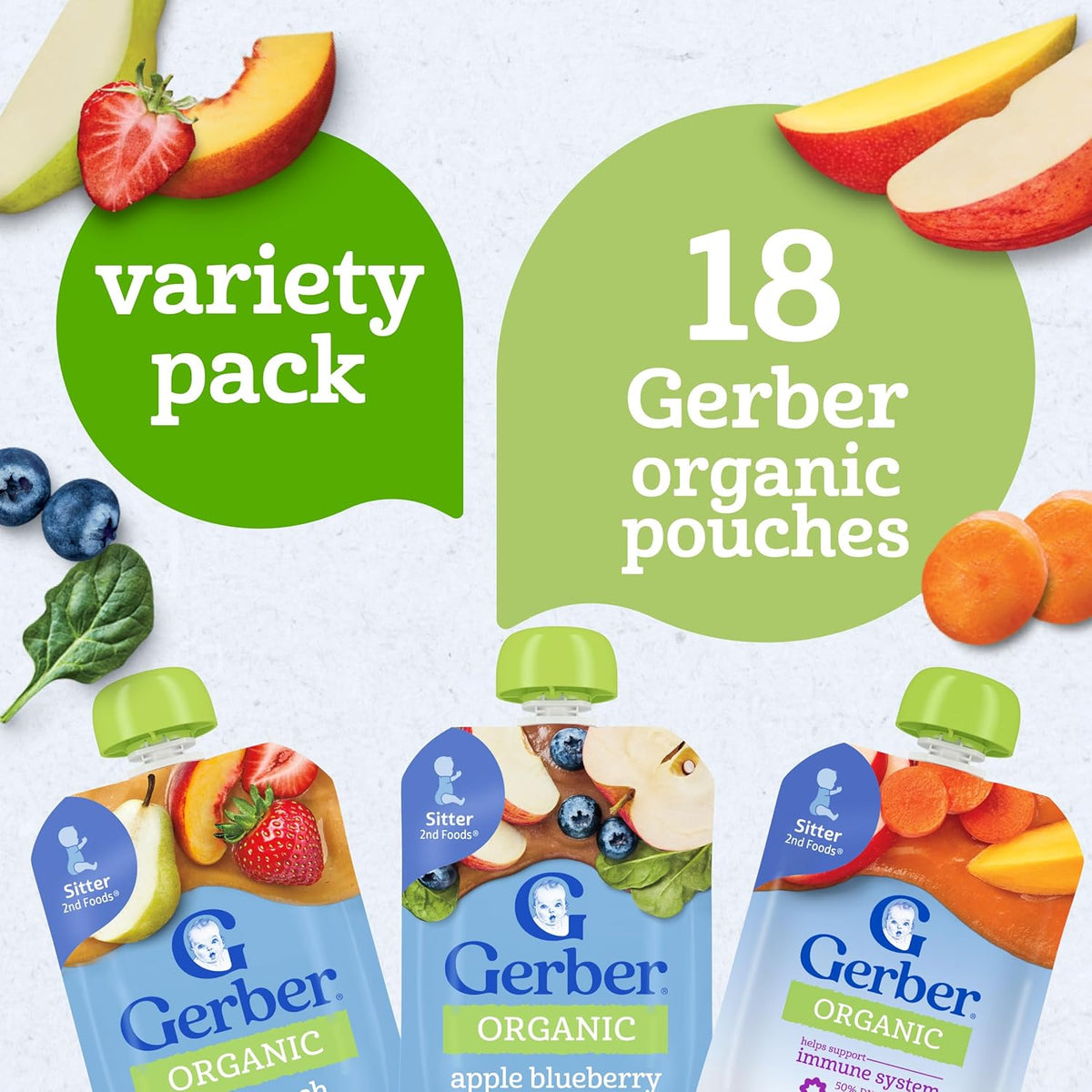 Gerber Organic Baby Food Pouches, 2nd Foods for Sitter, Fruit & Veggie Variety Pack, 3.5 Ounce (Set of 18)
